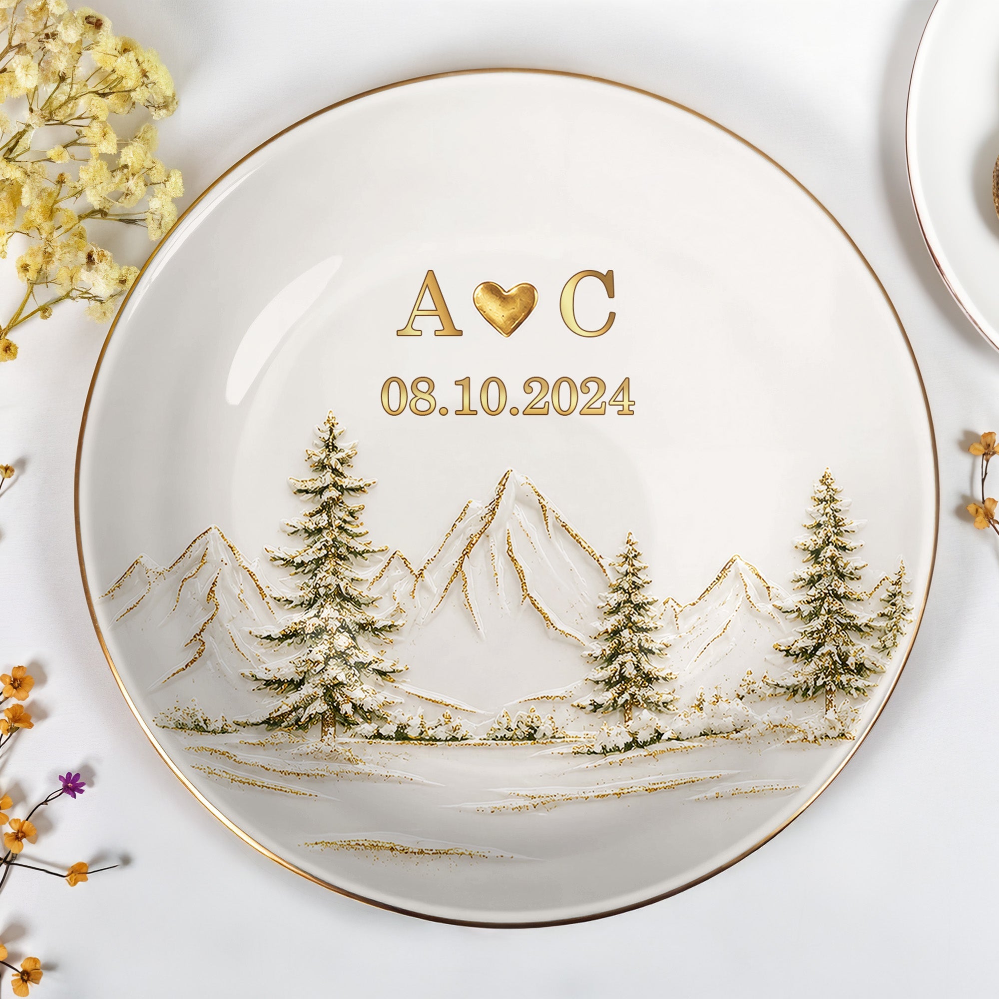 Our Love Is The Greatest Adventure Mountains And Pine Trees - Personalized Custom Jewelry Dish, Ceramic Dish, Round Shape - CPL1663_RCRF