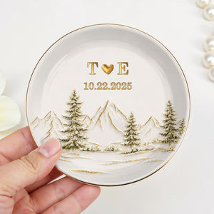 Our Love Is The Greatest Adventure Mountains And Pine Trees - Personalized Custom Jewelry Dish, Ceramic Dish, Round Shape - CPL1663_RCRF