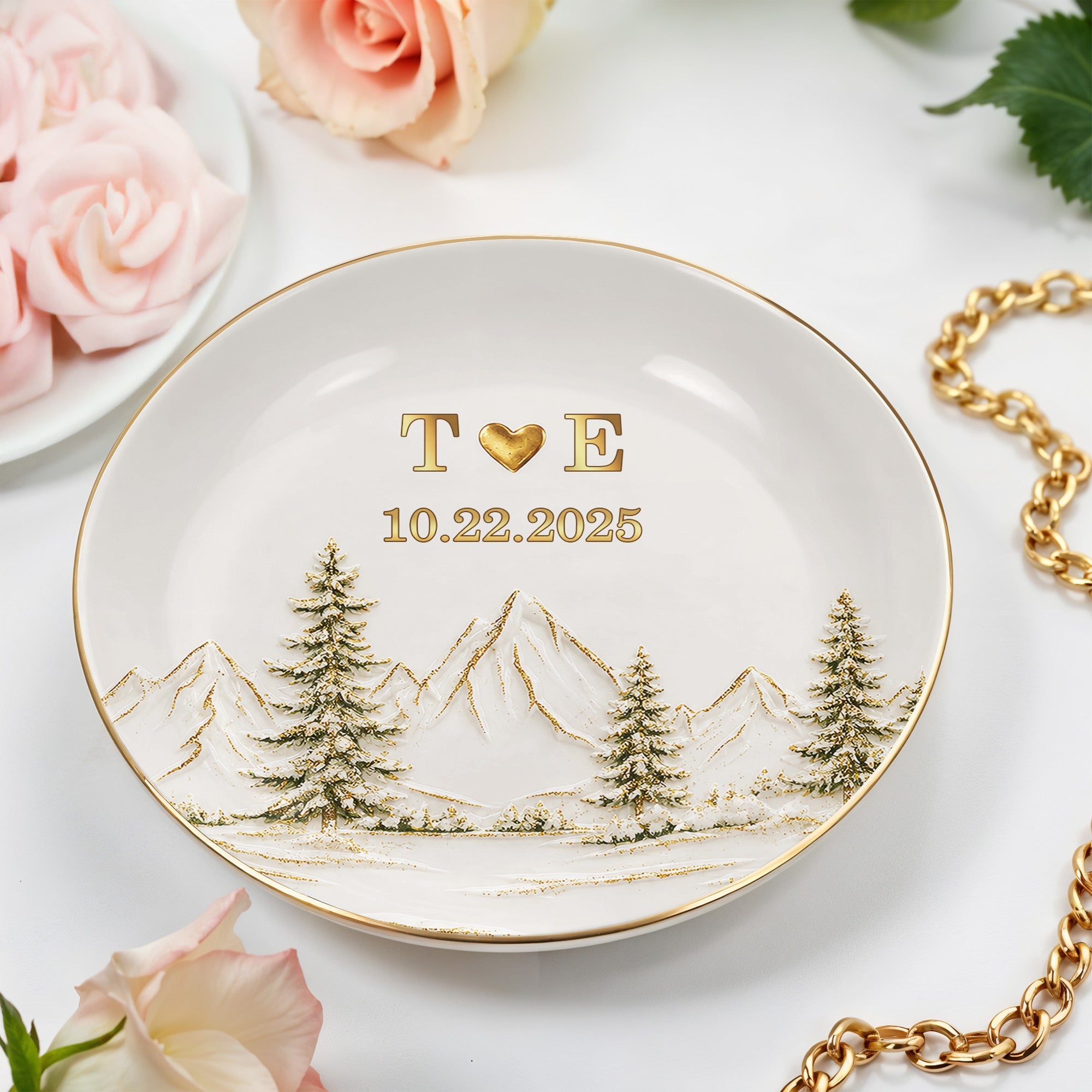 Our Love Is The Greatest Adventure Mountains And Pine Trees - Personalized Custom Jewelry Dish, Ceramic Dish, Round Shape - CPL1663_RCRF