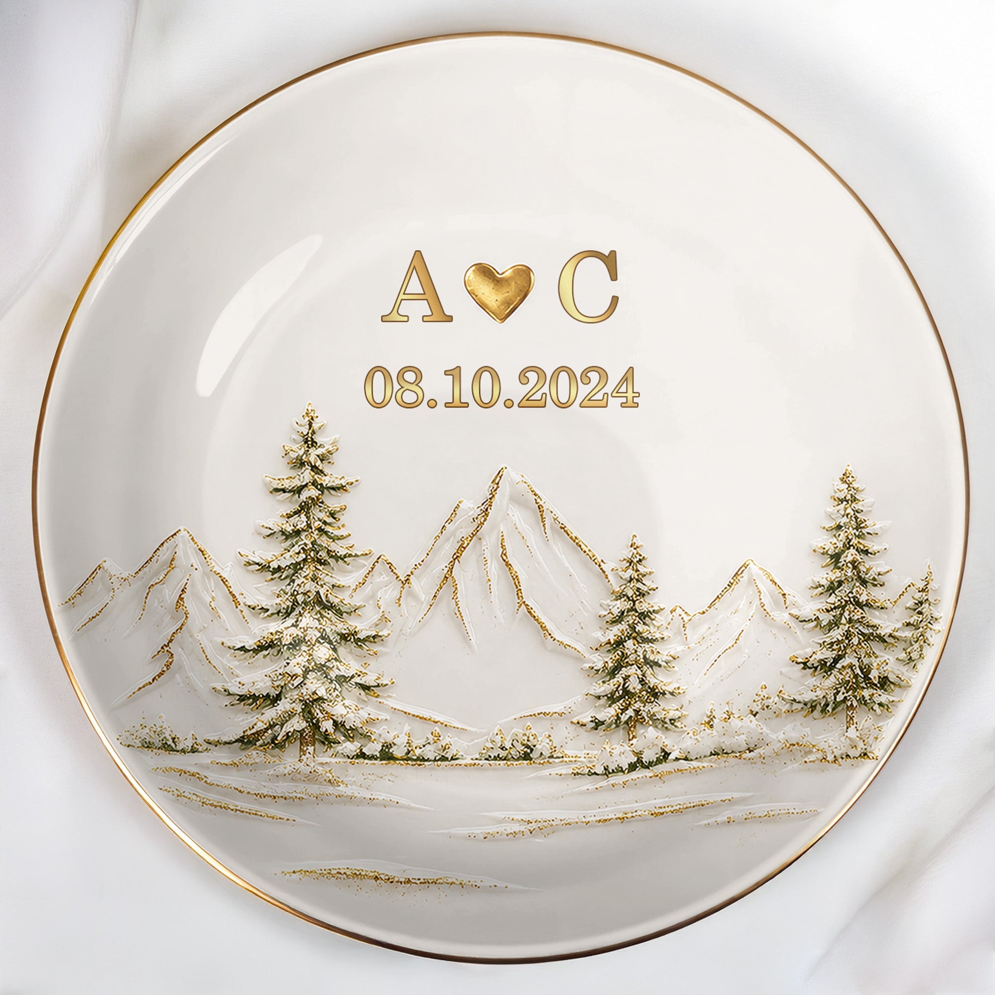 Our Love Is The Greatest Adventure Mountains And Pine Trees - Personalized Custom Jewelry Dish, Ceramic Dish, Round Shape - CPL1663_RCRF