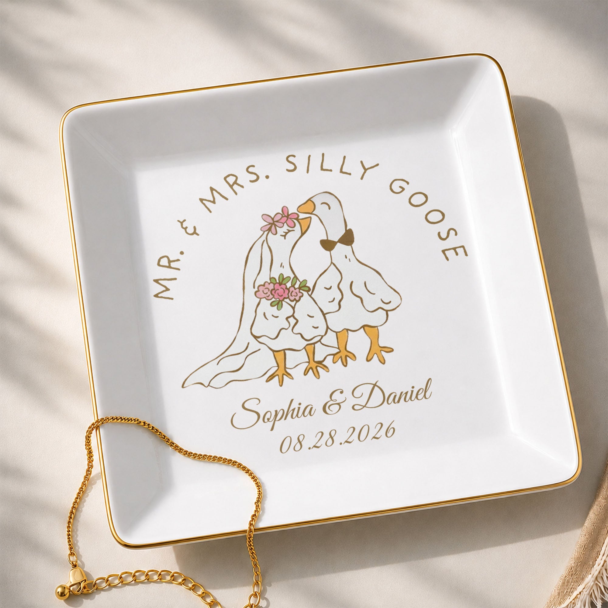 Mr. & Mrs. Silly Goose Wedding Couple Geese And Flowers - Personalized Custom Jewelry Dish, Square Ceramic Dish - CPL1665_SCRD
