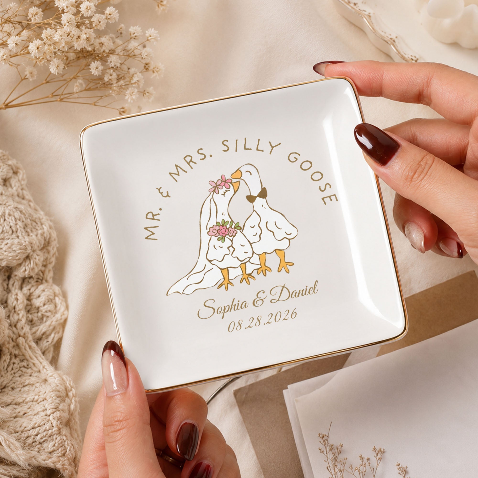 Mr. & Mrs. Silly Goose Wedding Couple Geese And Flowers - Personalized Custom Jewelry Dish, Square Ceramic Dish - CPL1665_SCRD