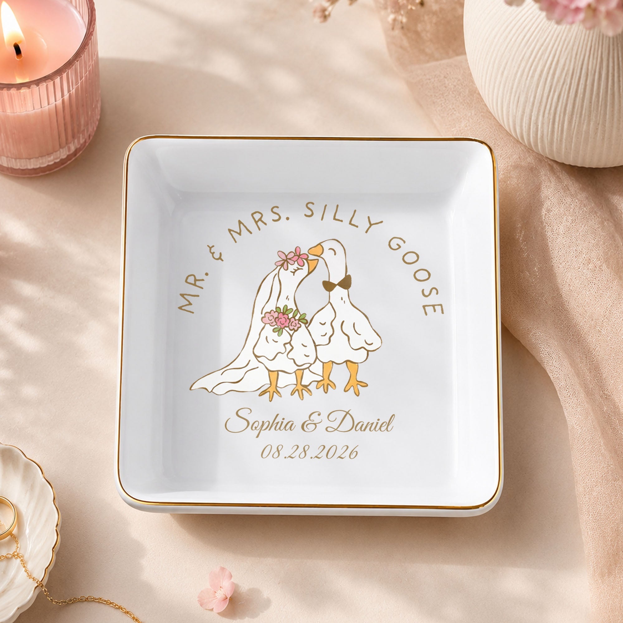 Mr. & Mrs. Silly Goose Wedding Couple Geese And Flowers - Personalized Custom Jewelry Dish, Square Ceramic Dish - CPL1665_SCRD