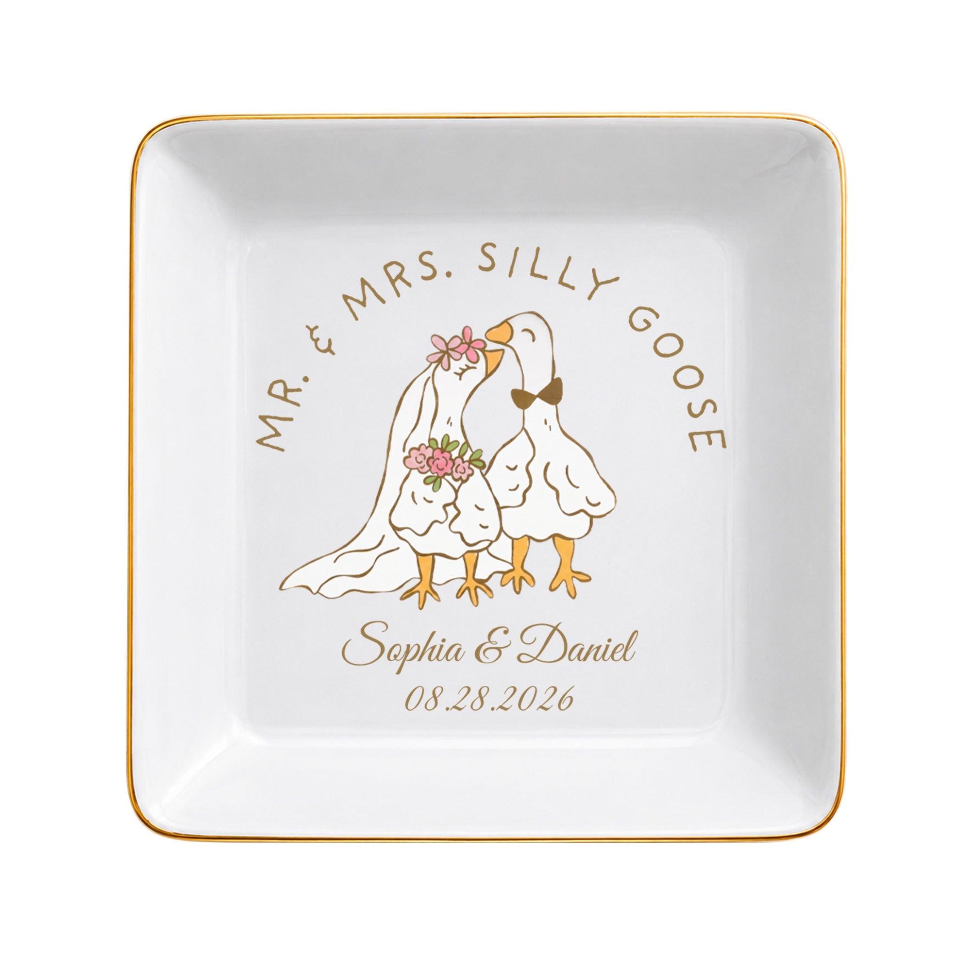 Mr. & Mrs. Silly Goose Wedding Couple Geese And Flowers - Personalized Custom Jewelry Dish, Square Ceramic Dish - CPL1665_SCRD