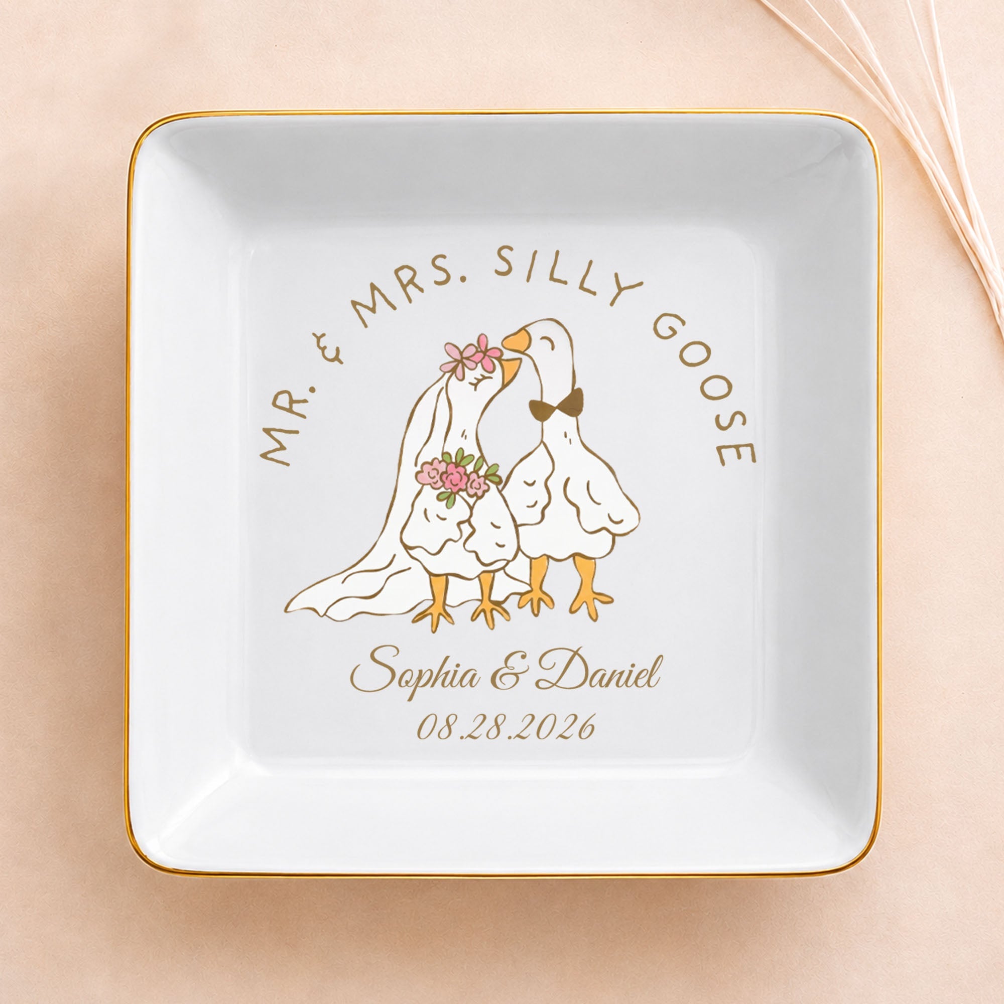 Mr. & Mrs. Silly Goose Wedding Couple Geese And Flowers - Personalized Custom Jewelry Dish, Square Ceramic Dish - CPL1665_SCRD