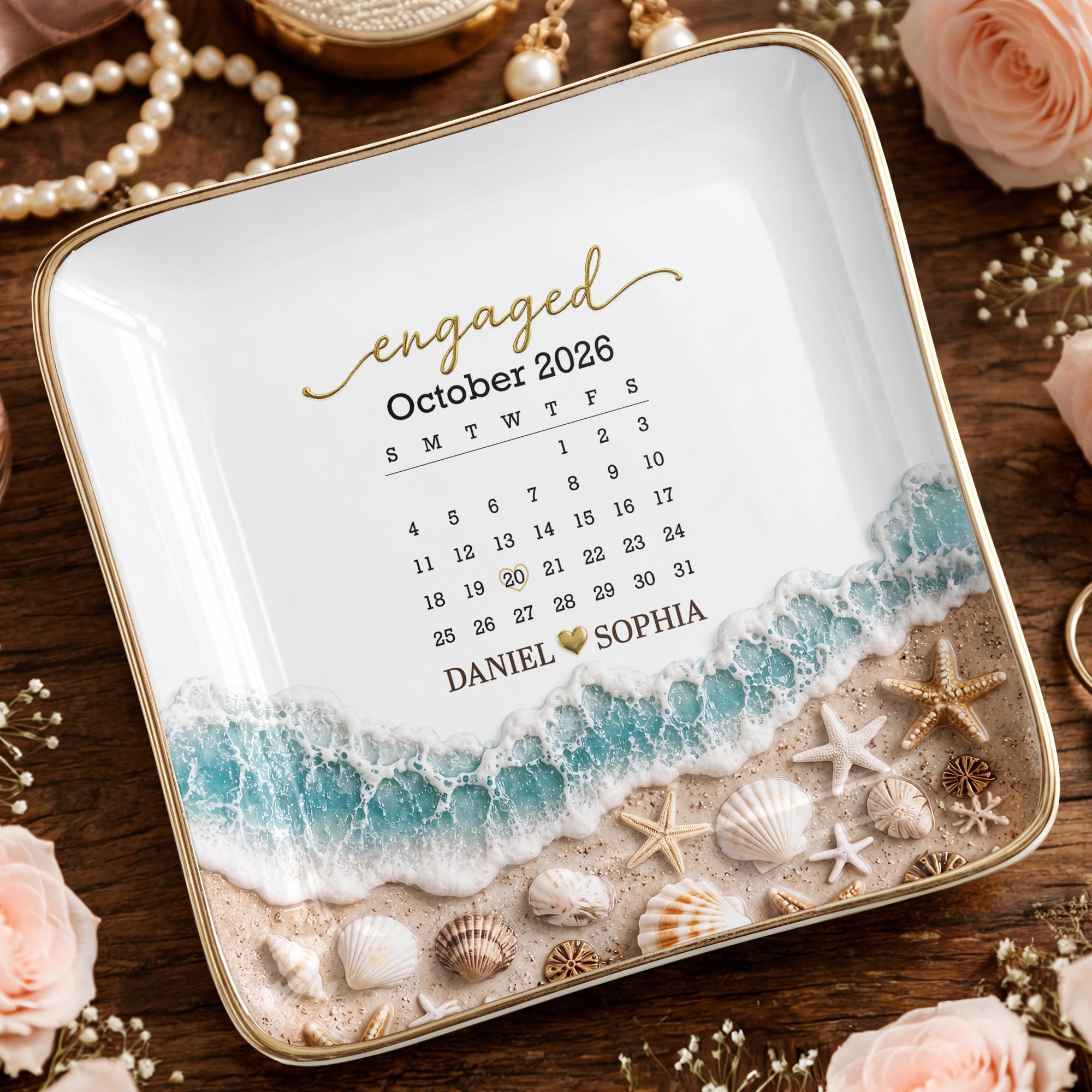 Engaged Calendar Personalized Beach Sea Waves And Seashells - Personalized Custom Jewelry Dish, Ceramic Dish, Square Shape - CPL1666_SCRF