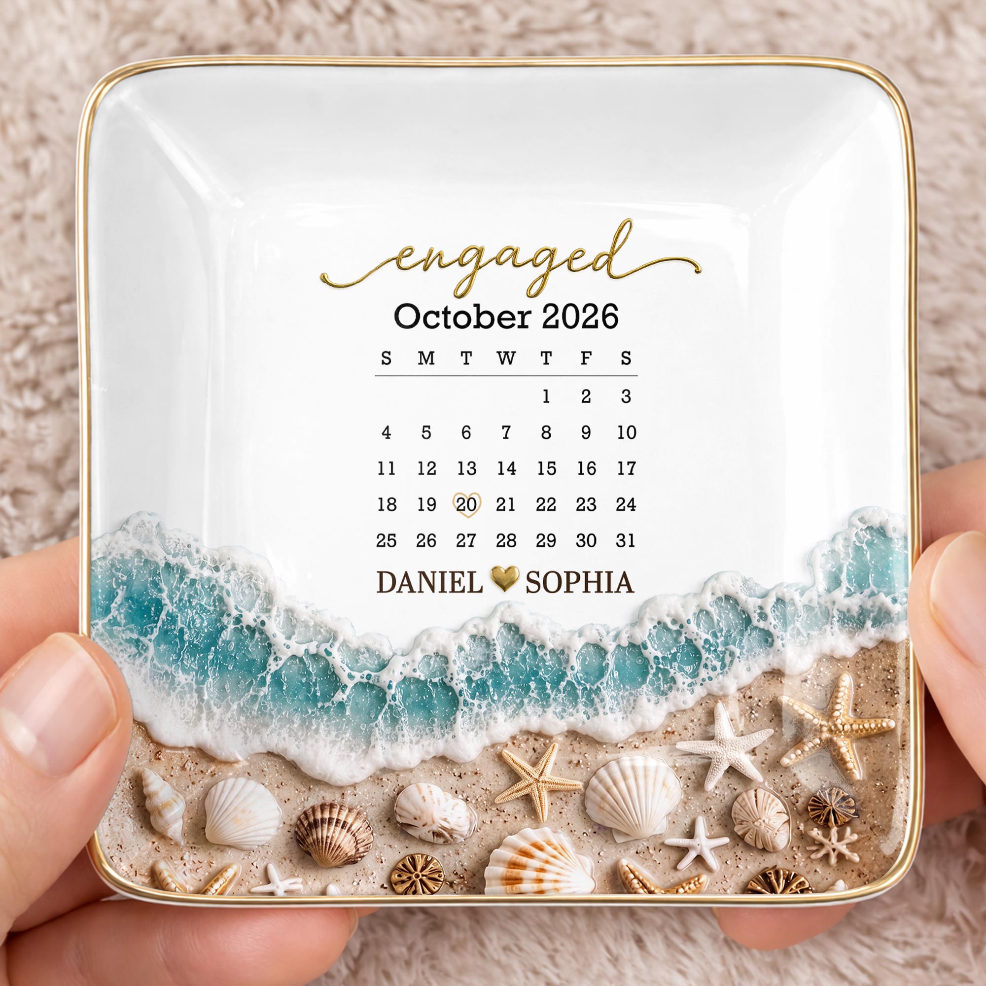Engaged Calendar Personalized Beach Sea Waves And Seashells - Personalized Custom Jewelry Dish, Ceramic Dish, Square Shape - CPL1666_SCRF