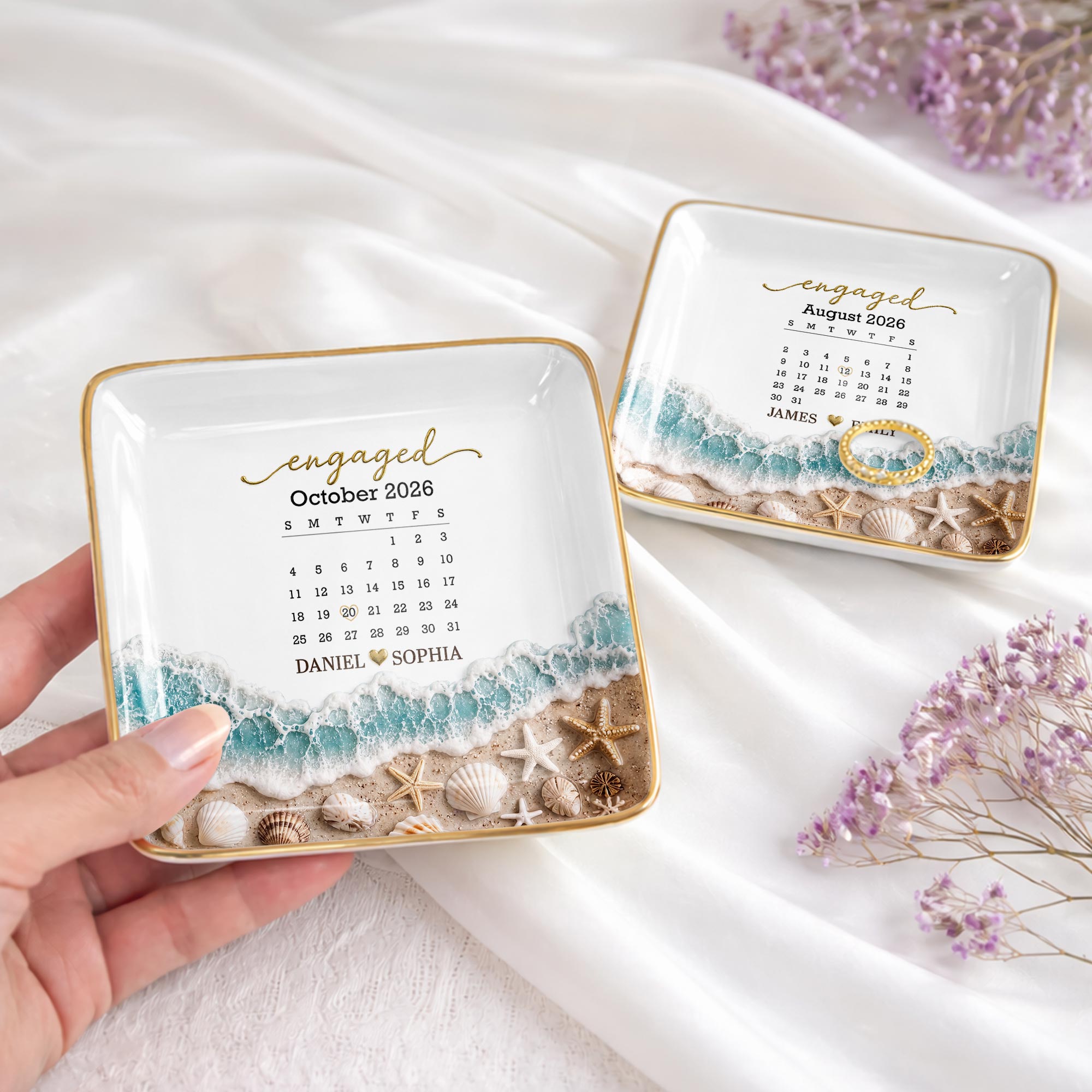 Engaged Calendar Personalized Beach Sea Waves And Seashells - Personalized Custom Jewelry Dish, Ceramic Dish, Square Shape - CPL1666_SCRF