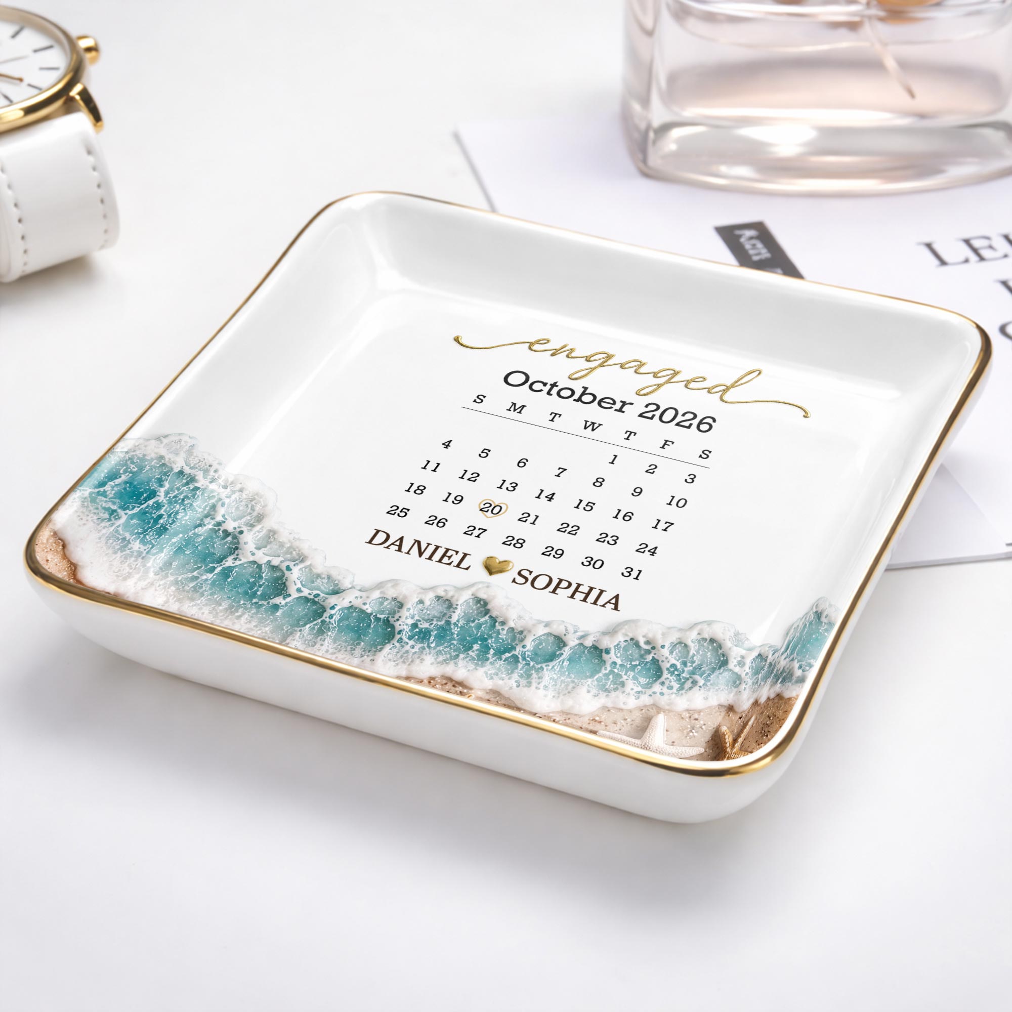 Engaged Calendar Personalized Beach Sea Waves And Seashells - Personalized Custom Jewelry Dish, Ceramic Dish, Square Shape - CPL1666_SCRF
