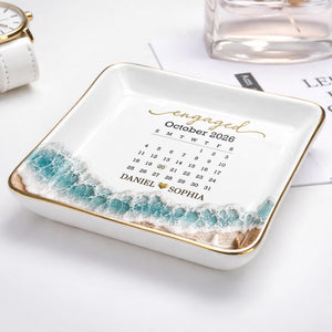 Engaged Calendar Personalized Beach Sea Waves And Seashells - Personalized Custom Jewelry Dish, Ceramic Dish, Square Shape - CPL1666_SCRF