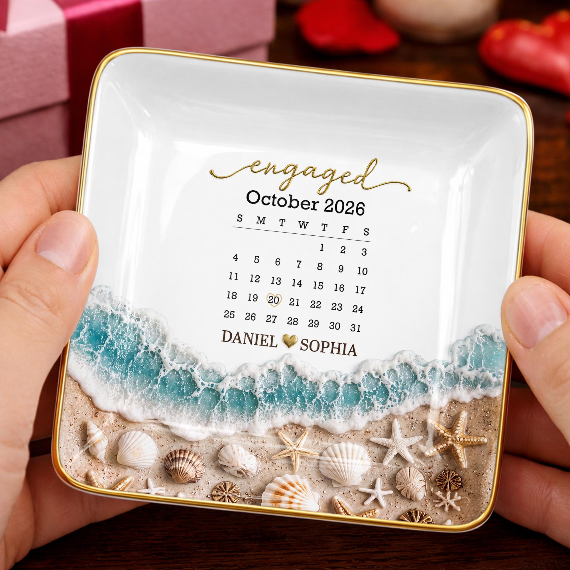 Engaged Calendar Personalized Beach Sea Waves And Seashells - Personalized Custom Jewelry Dish, Ceramic Dish, Square Shape - CPL1666_SCRF