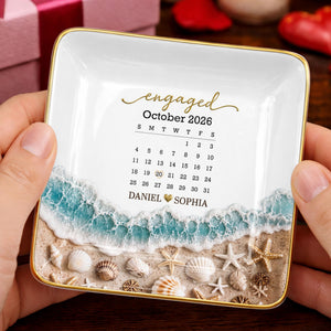 Engaged Calendar Personalized Beach Sea Waves And Seashells - Personalized Custom Jewelry Dish, Ceramic Dish, Square Shape - CPL1666_SCRF