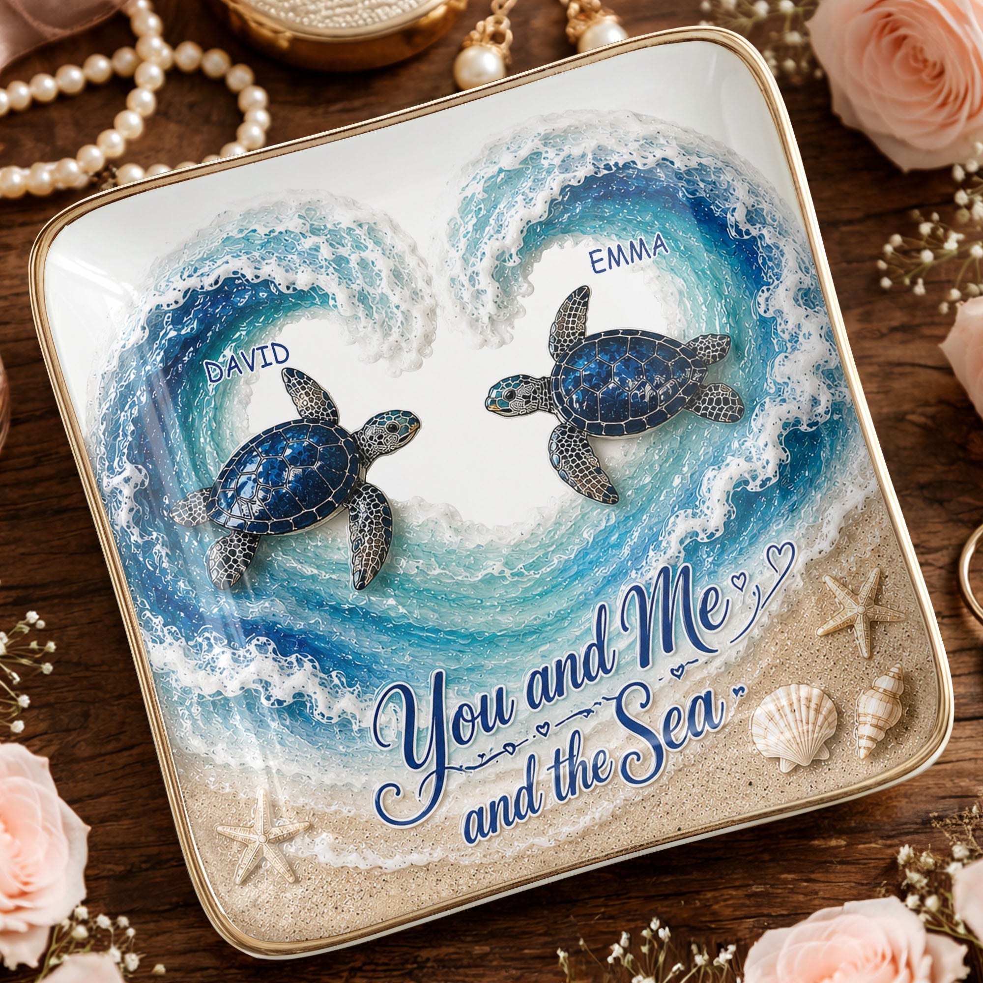 You And Me And The Sea Custom Turtles Heart Ocean Waves - Personalized Custom Jewelry Dish, Ceramic Dish, Square Shape - CPL1689_SCRF
