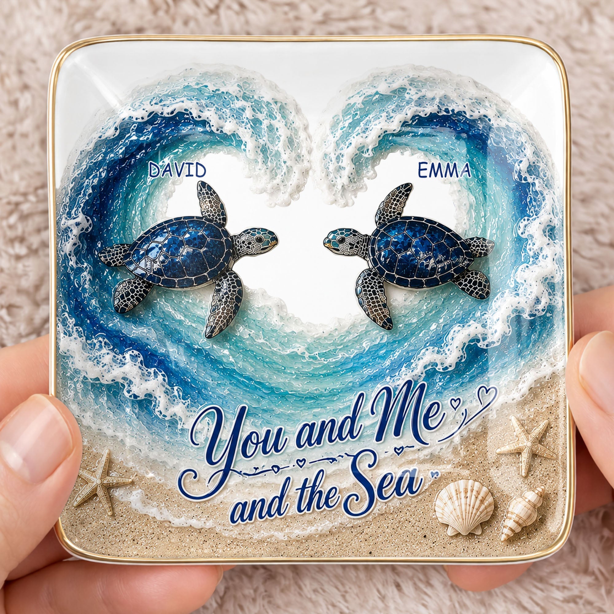 You And Me And The Sea Custom Turtles Heart Ocean Waves - Personalized Custom Jewelry Dish, Ceramic Dish, Square Shape - CPL1689_SCRF