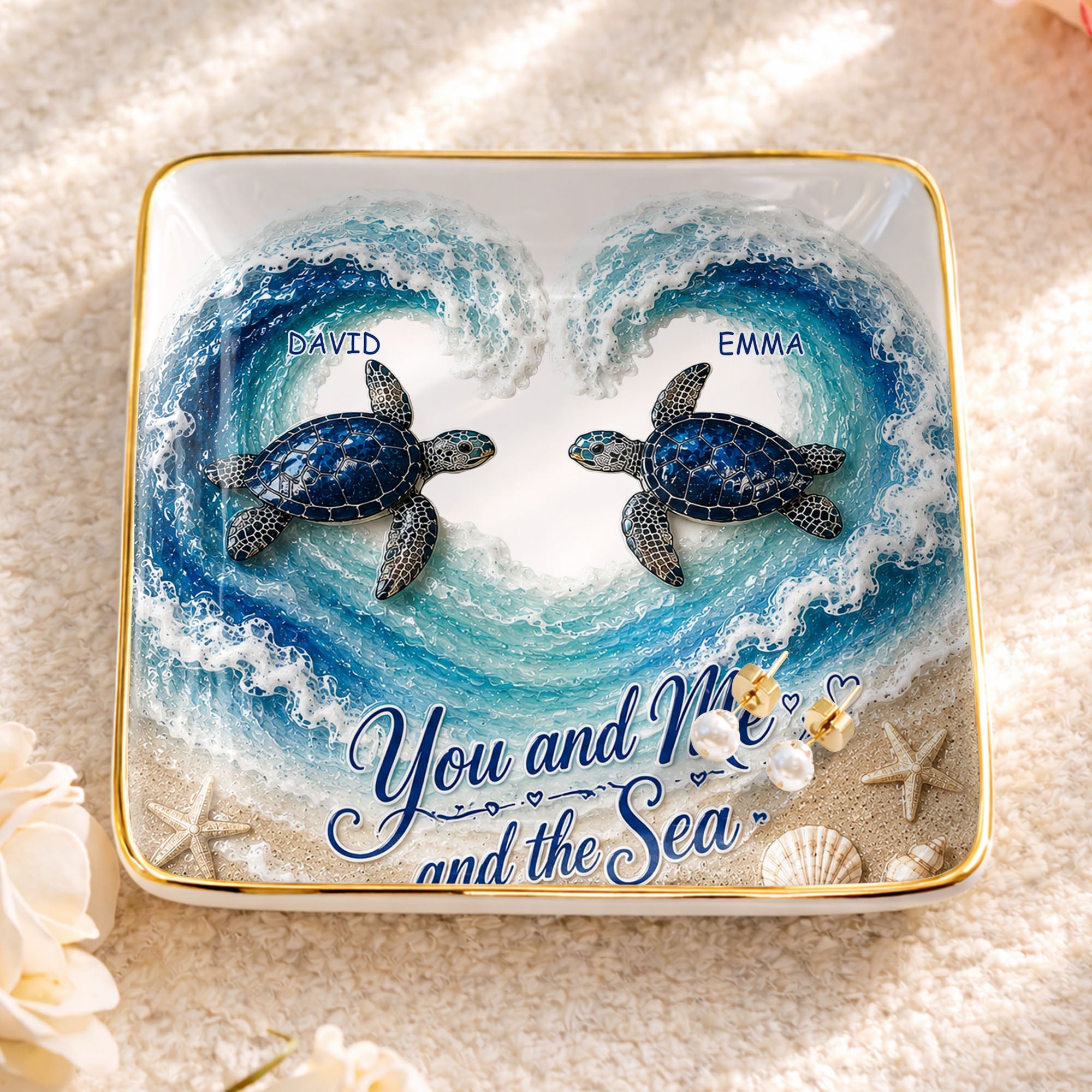 You And Me And The Sea Custom Turtles Heart Ocean Waves - Personalized Custom Jewelry Dish, Ceramic Dish, Square Shape - CPL1689_SCRF