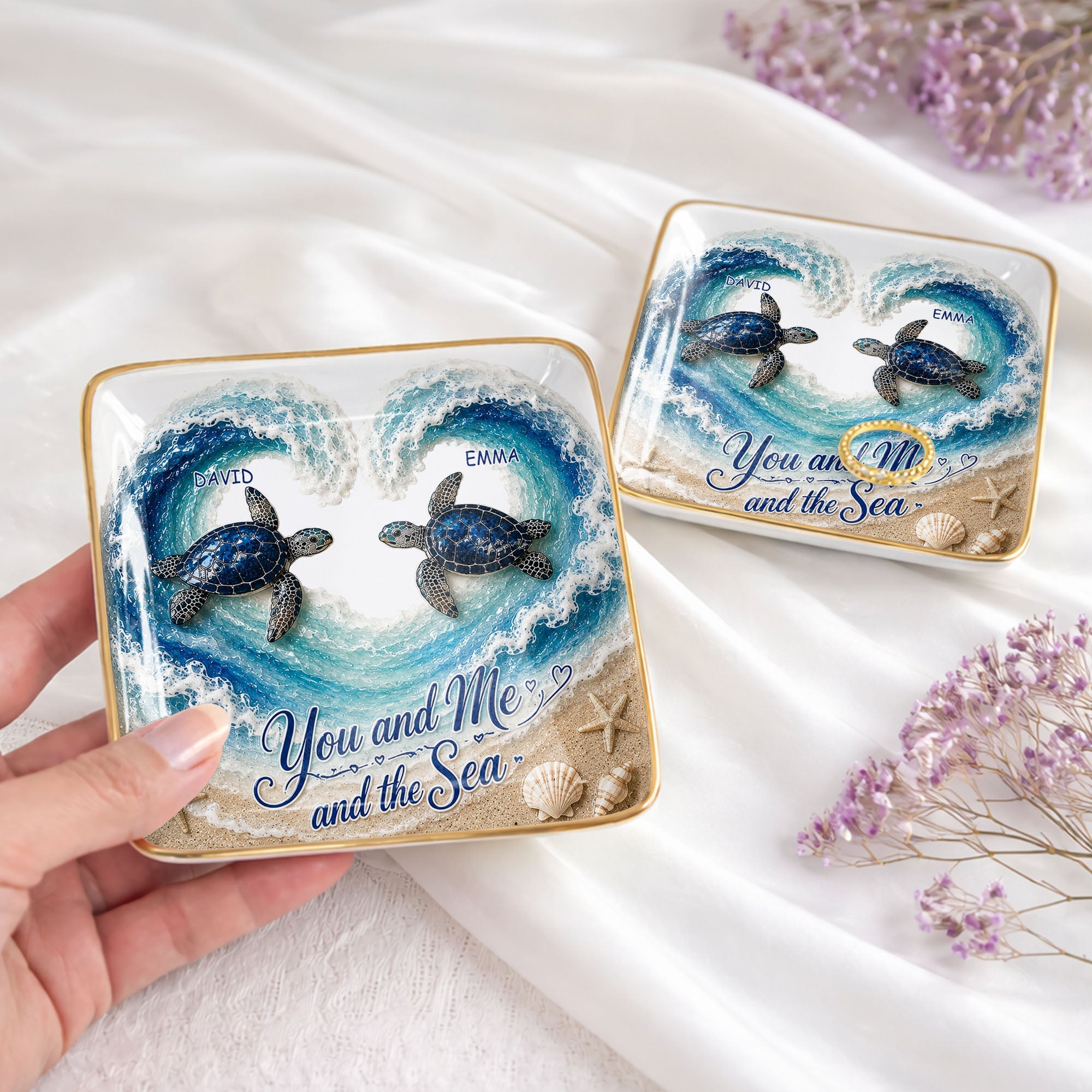 You And Me And The Sea Custom Turtles Heart Ocean Waves - Personalized Custom Jewelry Dish, Ceramic Dish, Square Shape - CPL1689_SCRF