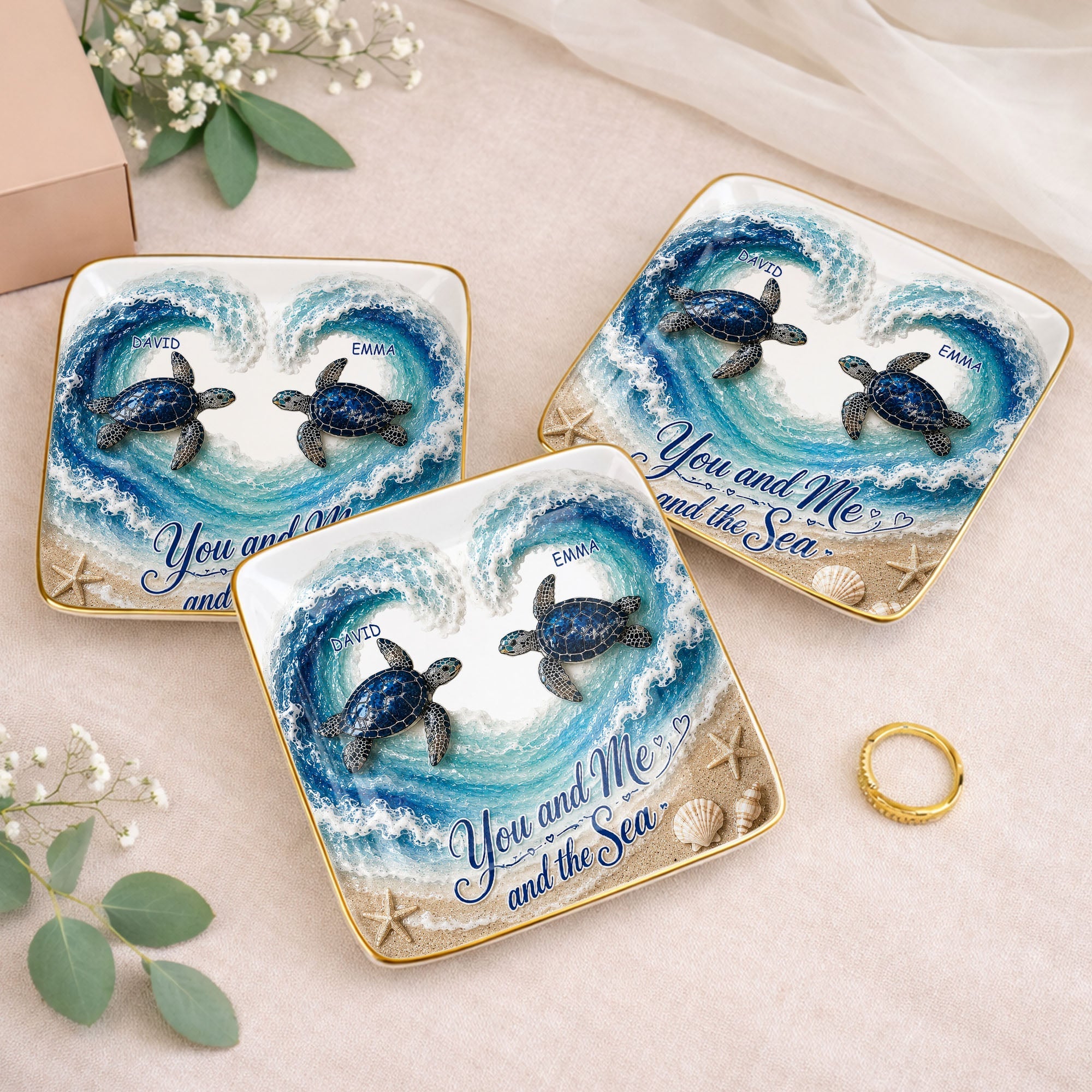 You And Me And The Sea Custom Turtles Heart Ocean Waves - Personalized Custom Jewelry Dish, Ceramic Dish, Square Shape - CPL1689_SCRF