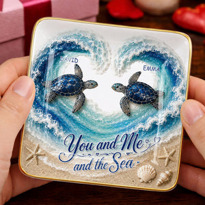 You And Me And The Sea Custom Turtles Heart Ocean Waves - Personalized Custom Jewelry Dish, Ceramic Dish, Square Shape - CPL1689_SCRF