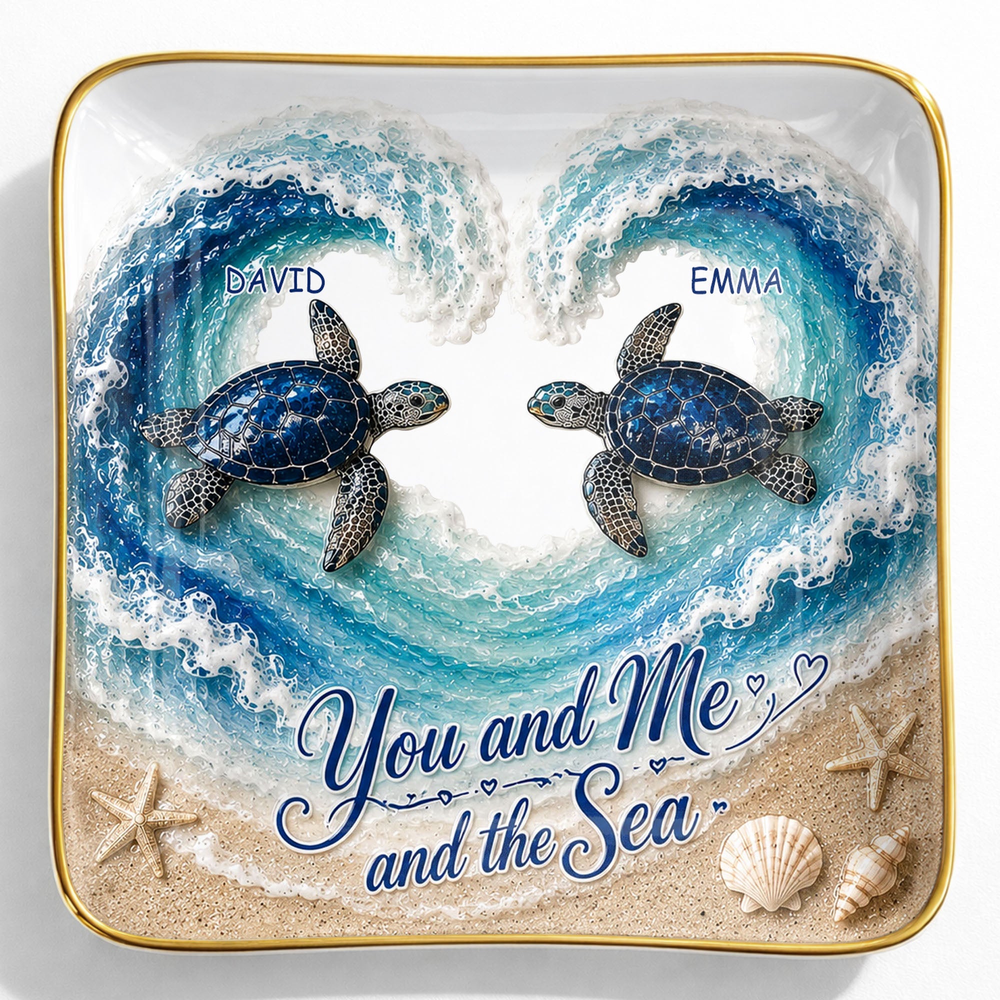 You And Me And The Sea Custom Turtles Heart Ocean Waves - Personalized Custom Jewelry Dish, Ceramic Dish, Square Shape - CPL1689_SCRF