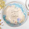 Our Love At The Beach, Ocean Waves And Sea Shells - Personalized Custom Jewelry Dish, Ceramic Dish, Round Shape - CPL1729_RCRF