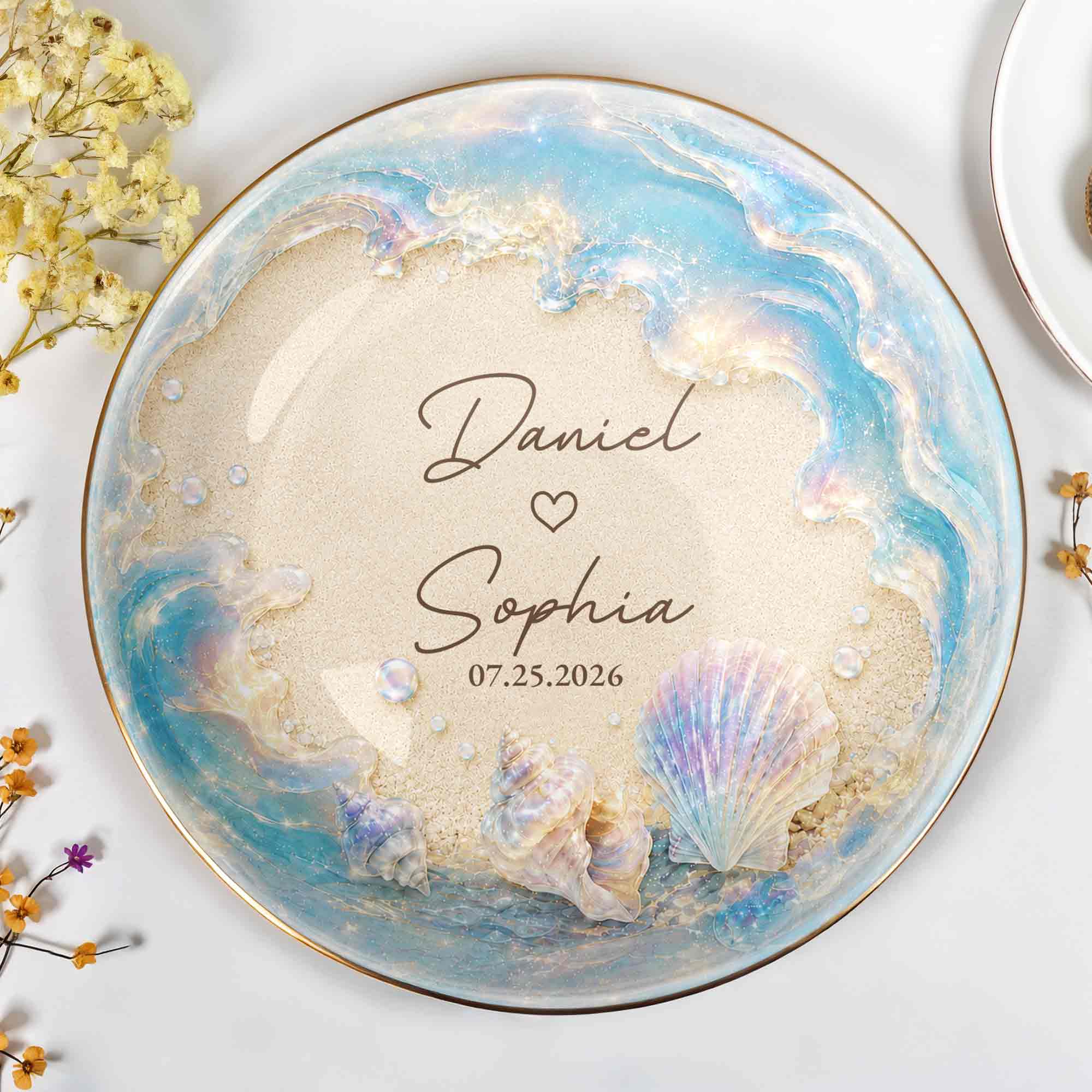 Our Love At The Beach, Ocean Waves And Sea Shells - Personalized Custom Jewelry Dish, Ceramic Dish, Round Shape - CPL1729_RCRF