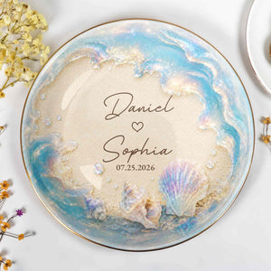 Our Love At The Beach, Ocean Waves And Sea Shells - Personalized Custom Jewelry Dish, Ceramic Dish, Round Shape - CPL1729_RCRF