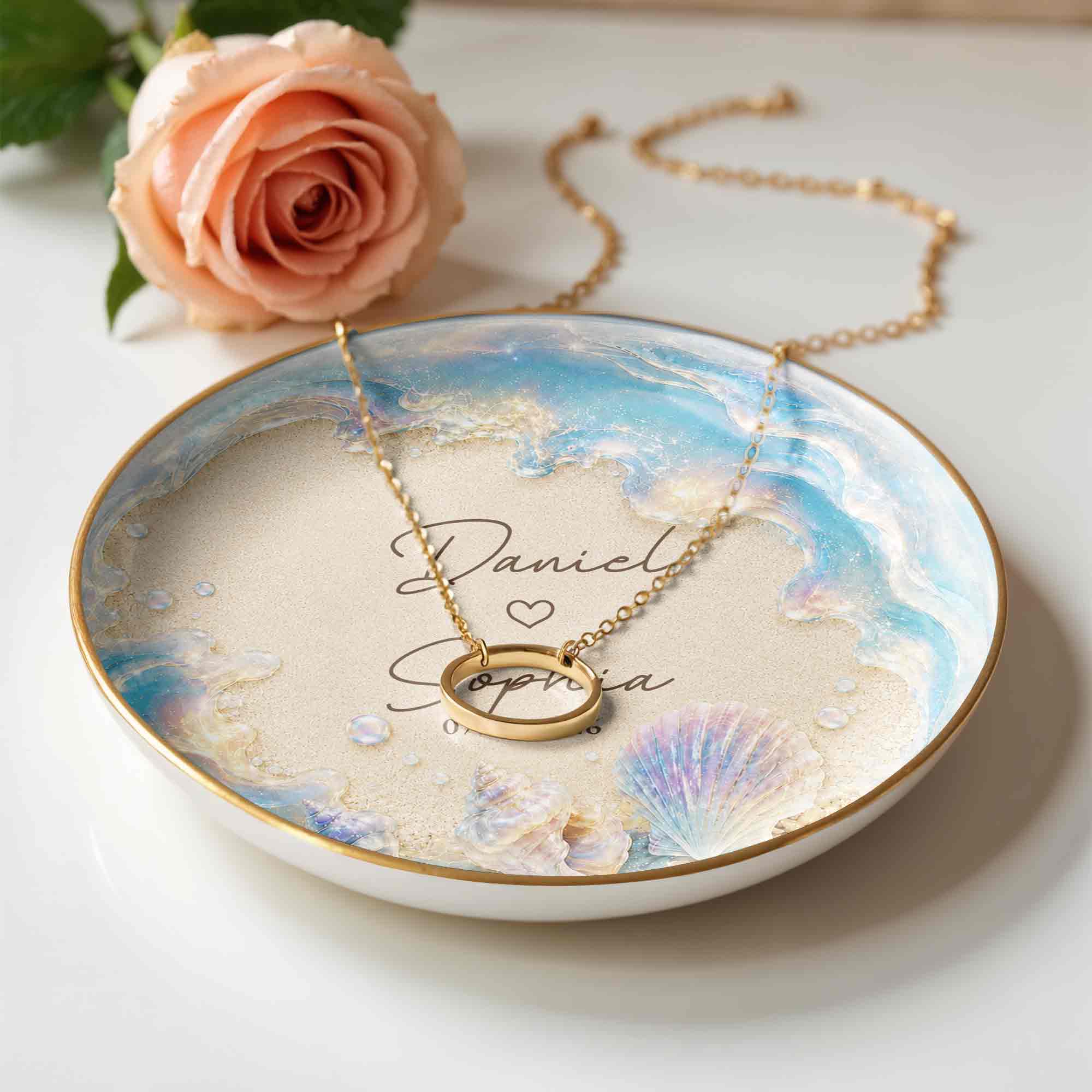 Our Love At The Beach, Ocean Waves And Sea Shells - Personalized Custom Jewelry Dish, Ceramic Dish, Round Shape - CPL1729_RCRF