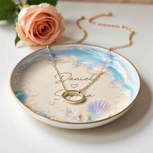 Our Love At The Beach, Ocean Waves And Sea Shells - Personalized Custom Jewelry Dish, Ceramic Dish, Round Shape - CPL1729_RCRF
