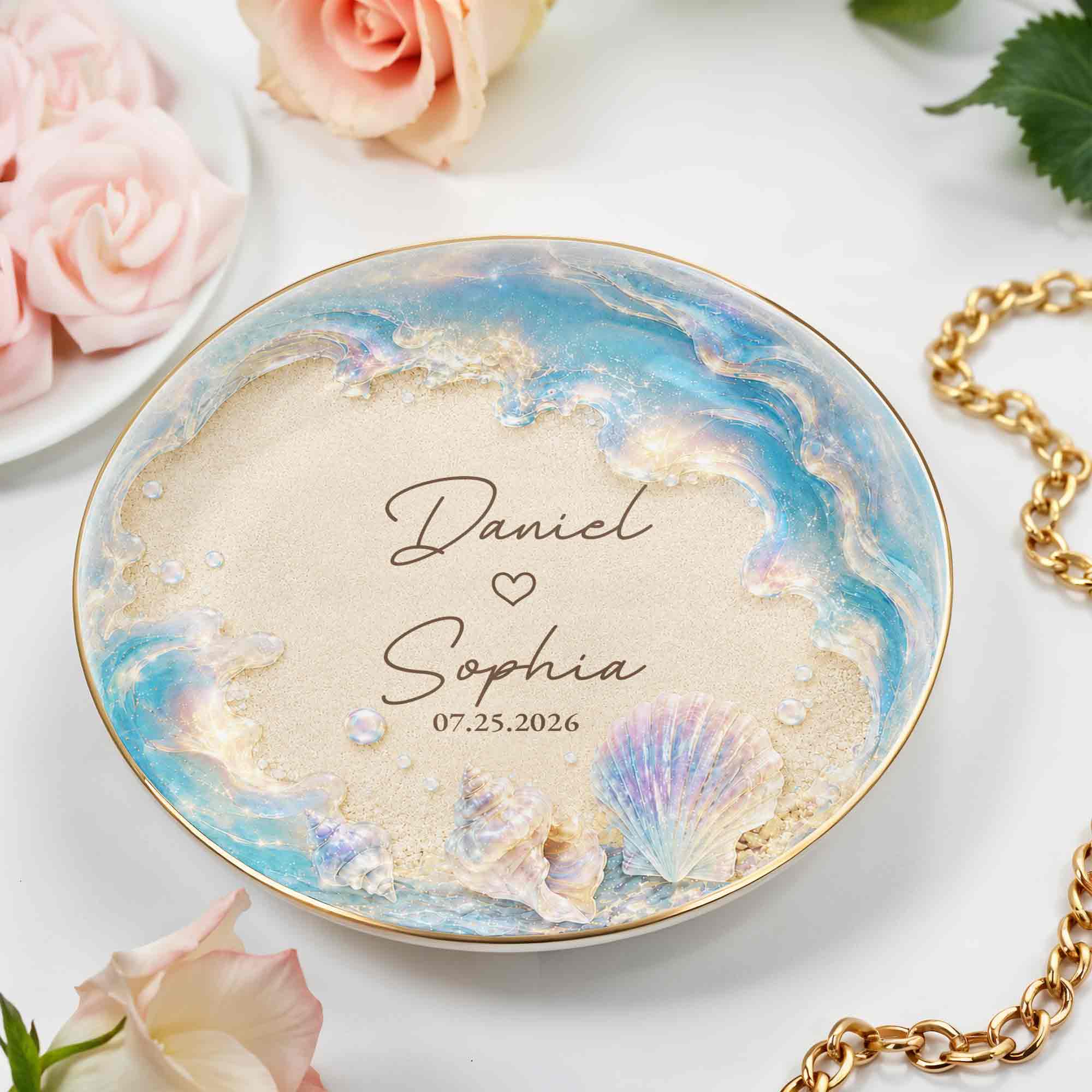 Our Love At The Beach, Ocean Waves And Sea Shells - Personalized Custom Jewelry Dish, Ceramic Dish, Round Shape - CPL1729_RCRF
