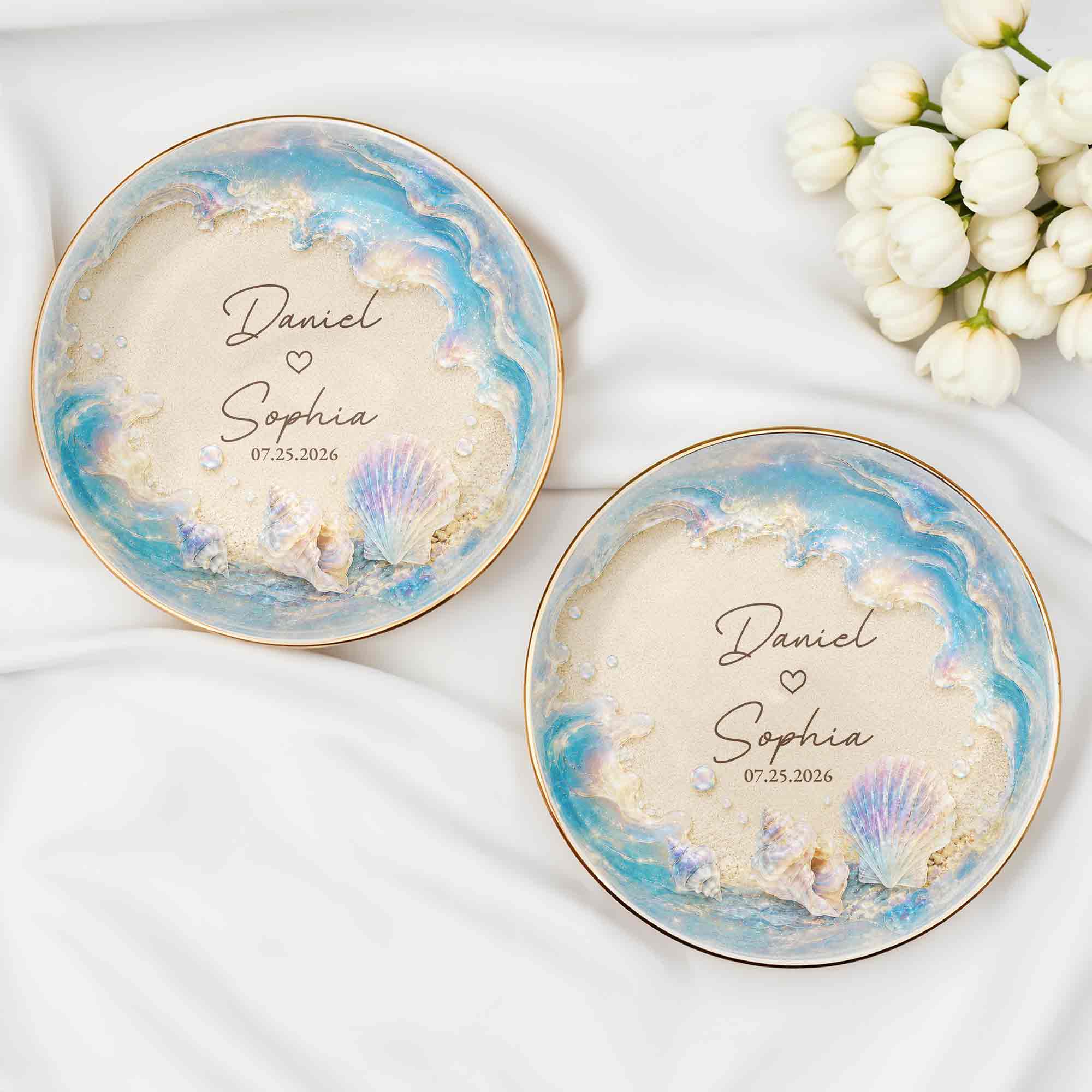 Our Love At The Beach, Ocean Waves And Sea Shells - Personalized Custom Jewelry Dish, Ceramic Dish, Round Shape - CPL1729_RCRF