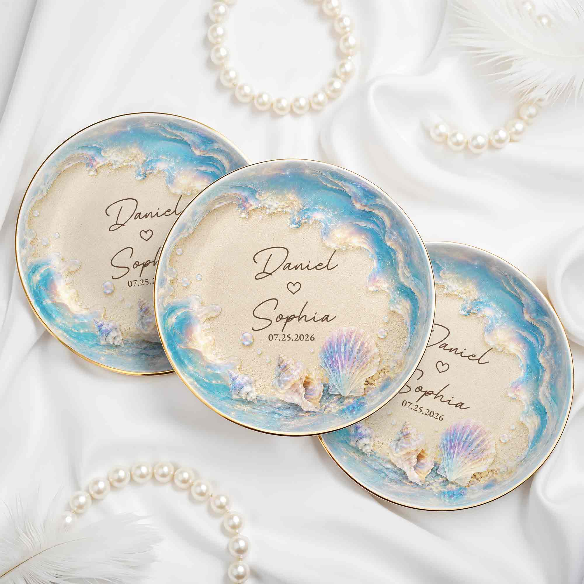 Our Love At The Beach, Ocean Waves And Sea Shells - Personalized Custom Jewelry Dish, Ceramic Dish, Round Shape - CPL1729_RCRF