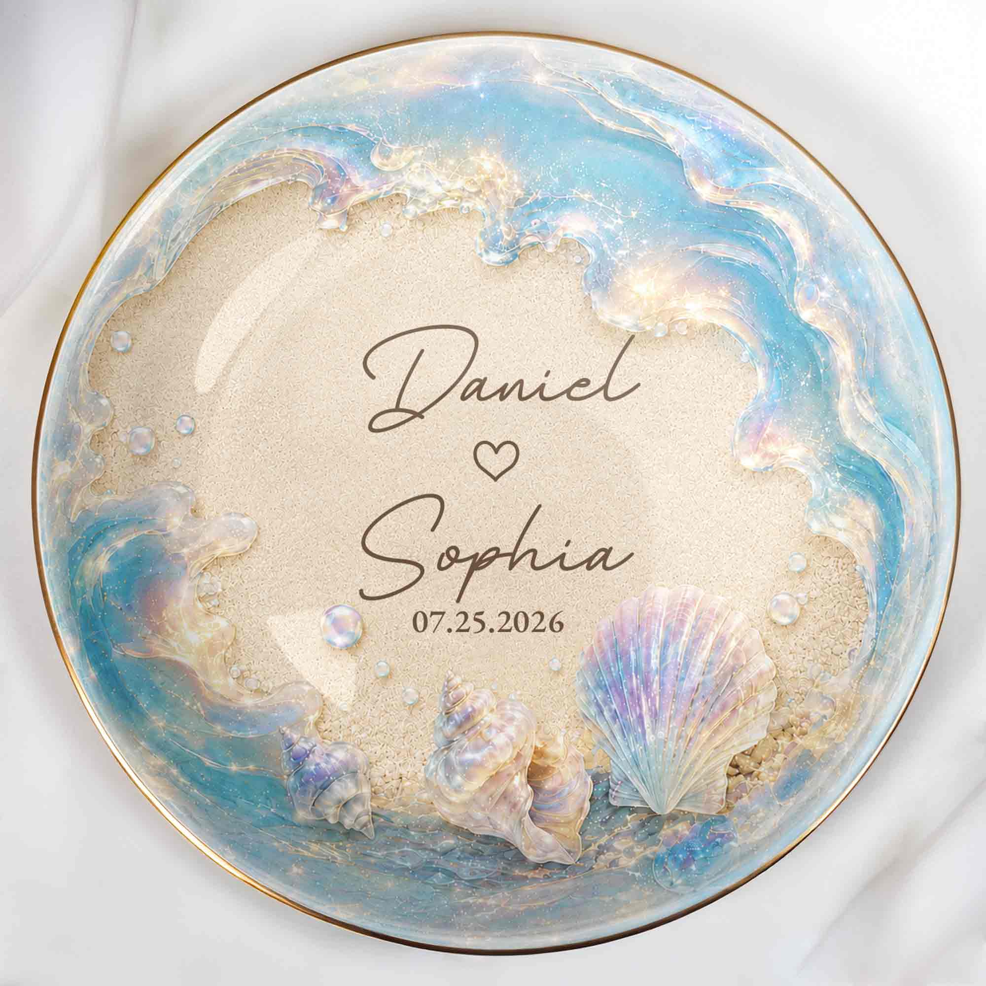 Our Love At The Beach, Ocean Waves And Sea Shells - Personalized Custom Jewelry Dish, Ceramic Dish, Round Shape - CPL1729_RCRF