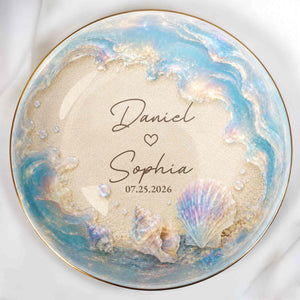 Our Love At The Beach, Ocean Waves And Sea Shells - Personalized Custom Jewelry Dish, Ceramic Dish, Round Shape - CPL1729_RCRF
