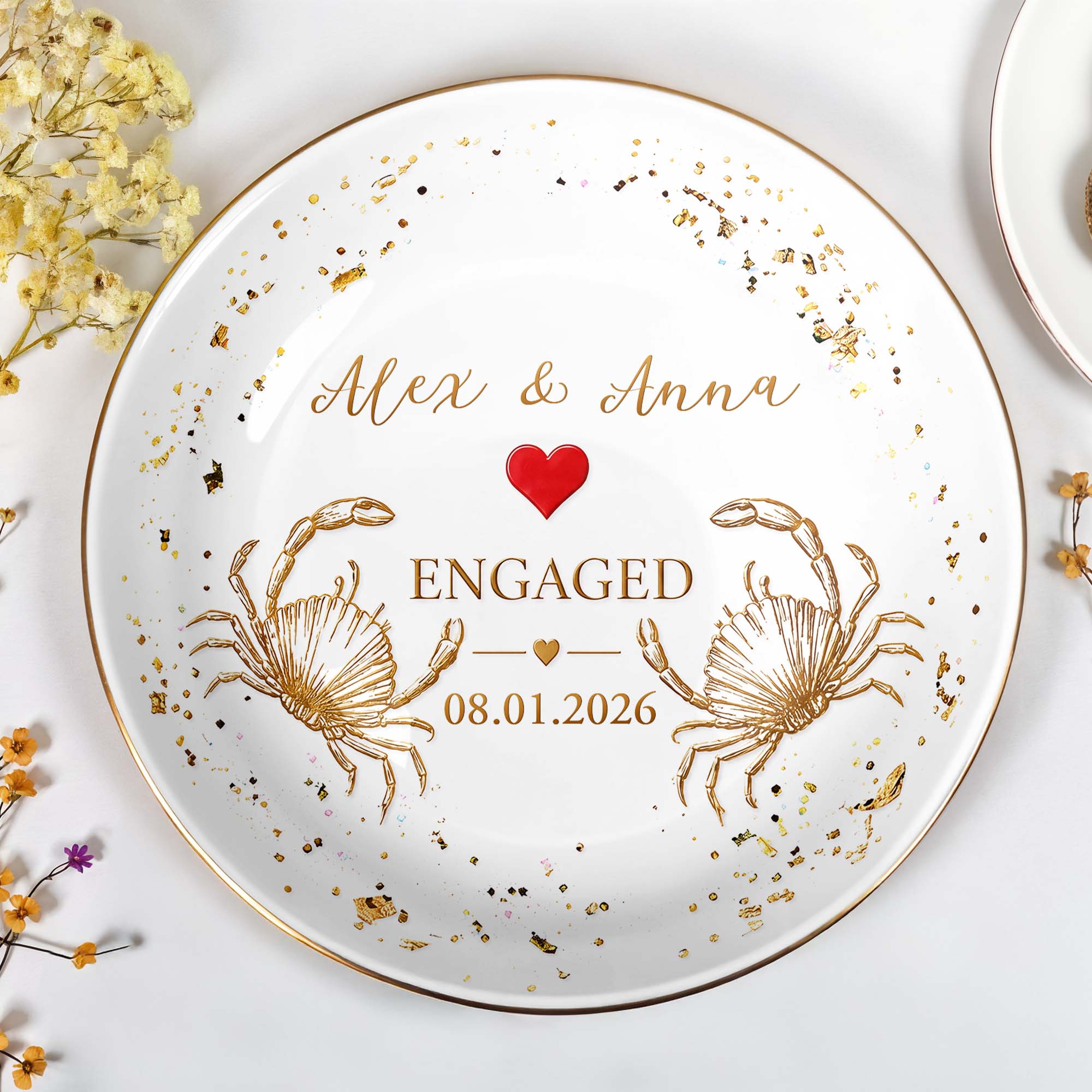 Engaged Couple With Golden Beach Crabs And Red Heart - Personalized Custom Jewelry Dish, Ceramic Dish, Round Shape - CPL1740_RCRF