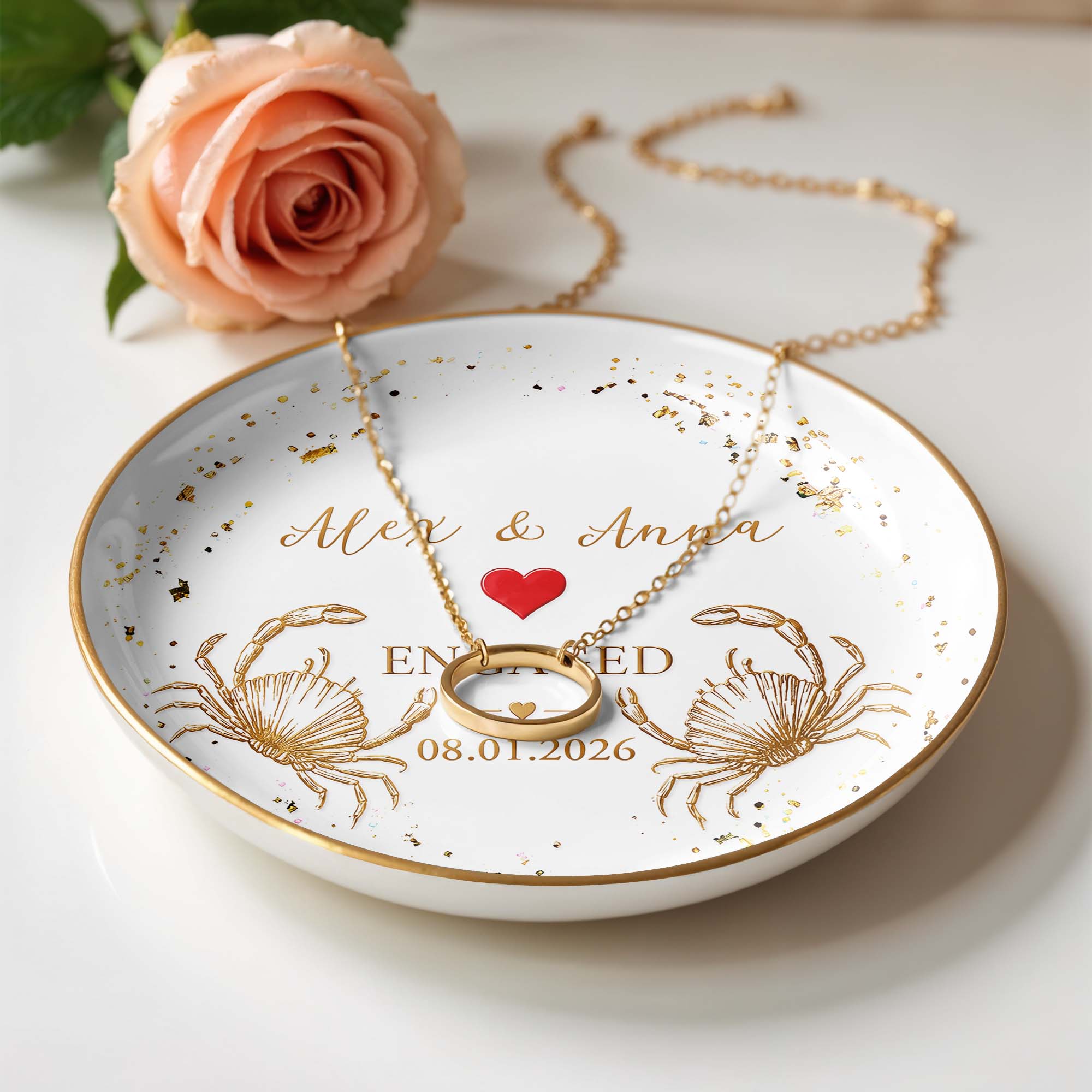 Engaged Couple With Golden Beach Crabs And Red Heart - Personalized Custom Jewelry Dish, Ceramic Dish, Round Shape - CPL1740_RCRF