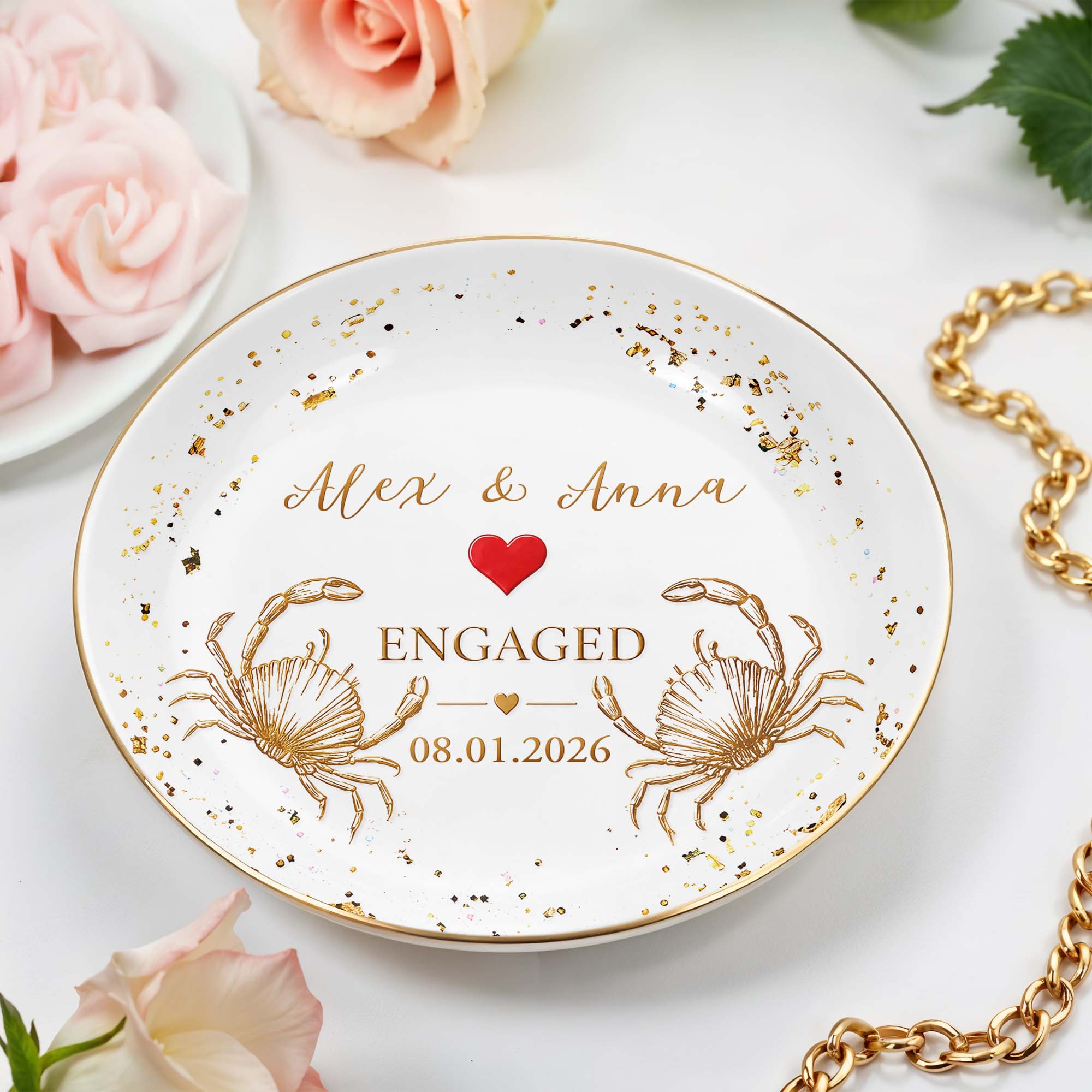 Engaged Couple With Golden Beach Crabs And Red Heart - Personalized Custom Jewelry Dish, Ceramic Dish, Round Shape - CPL1740_RCRF