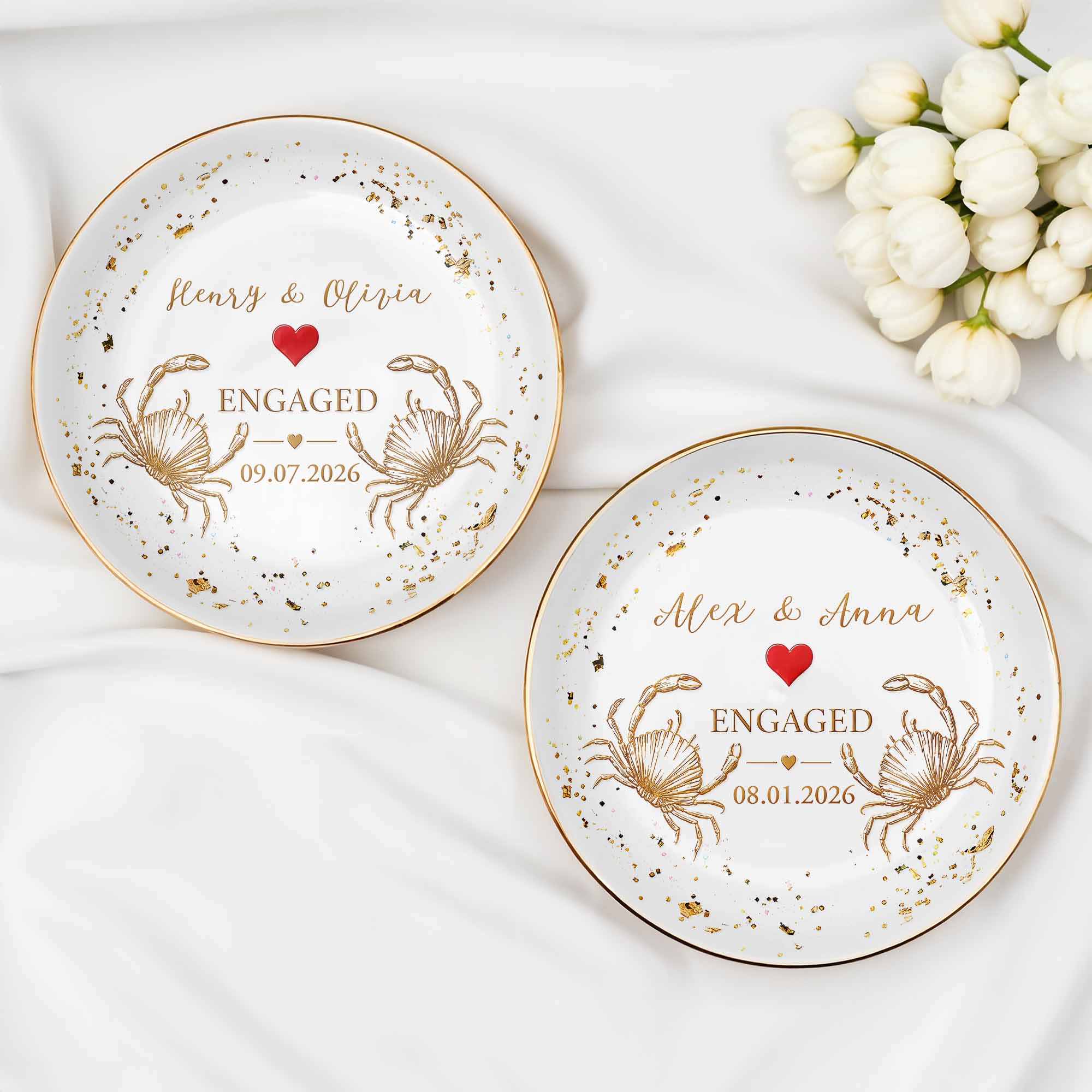 Engaged Couple With Golden Beach Crabs And Red Heart - Personalized Custom Jewelry Dish, Ceramic Dish, Round Shape - CPL1740_RCRF