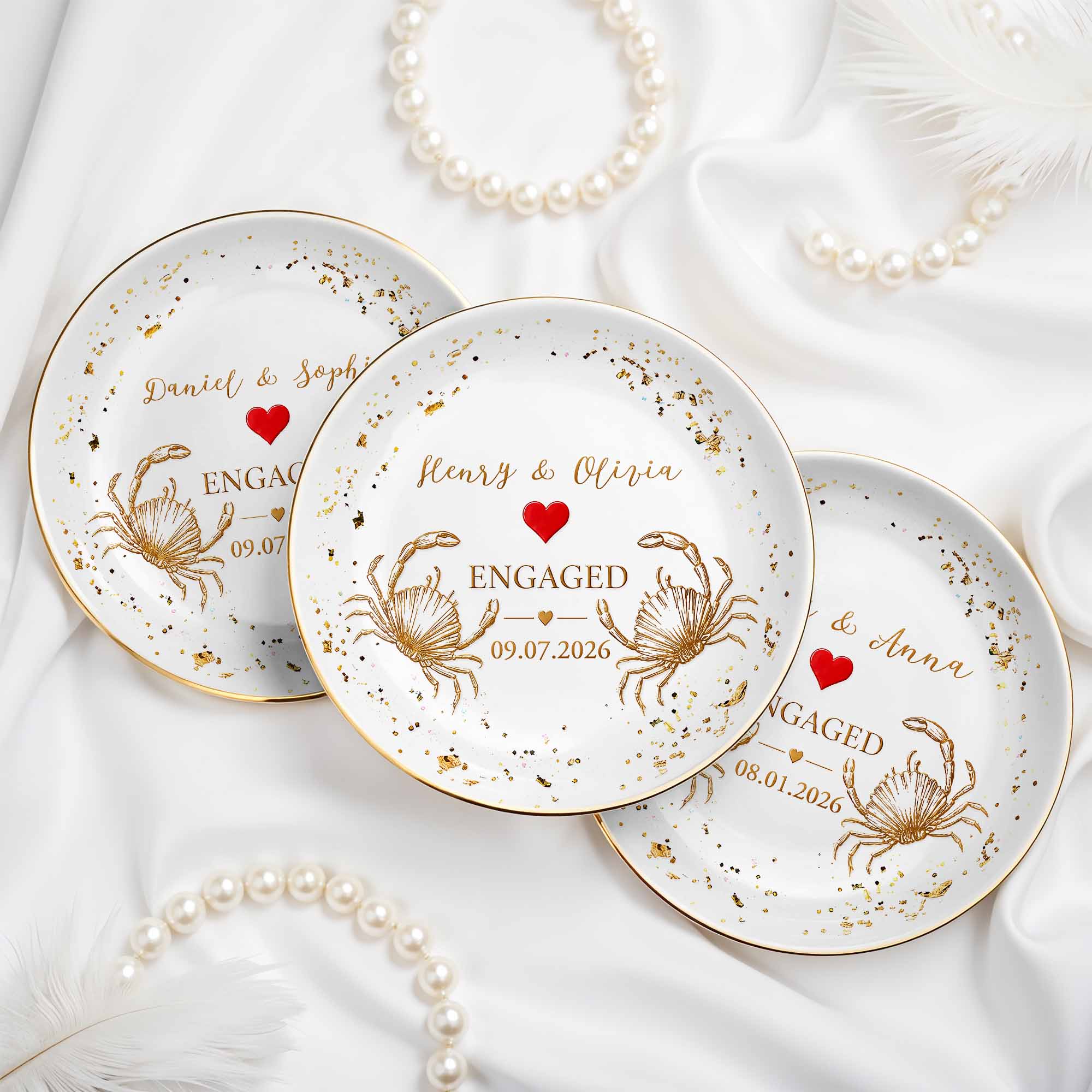 Engaged Couple With Golden Beach Crabs And Red Heart - Personalized Custom Jewelry Dish, Ceramic Dish, Round Shape - CPL1740_RCRF