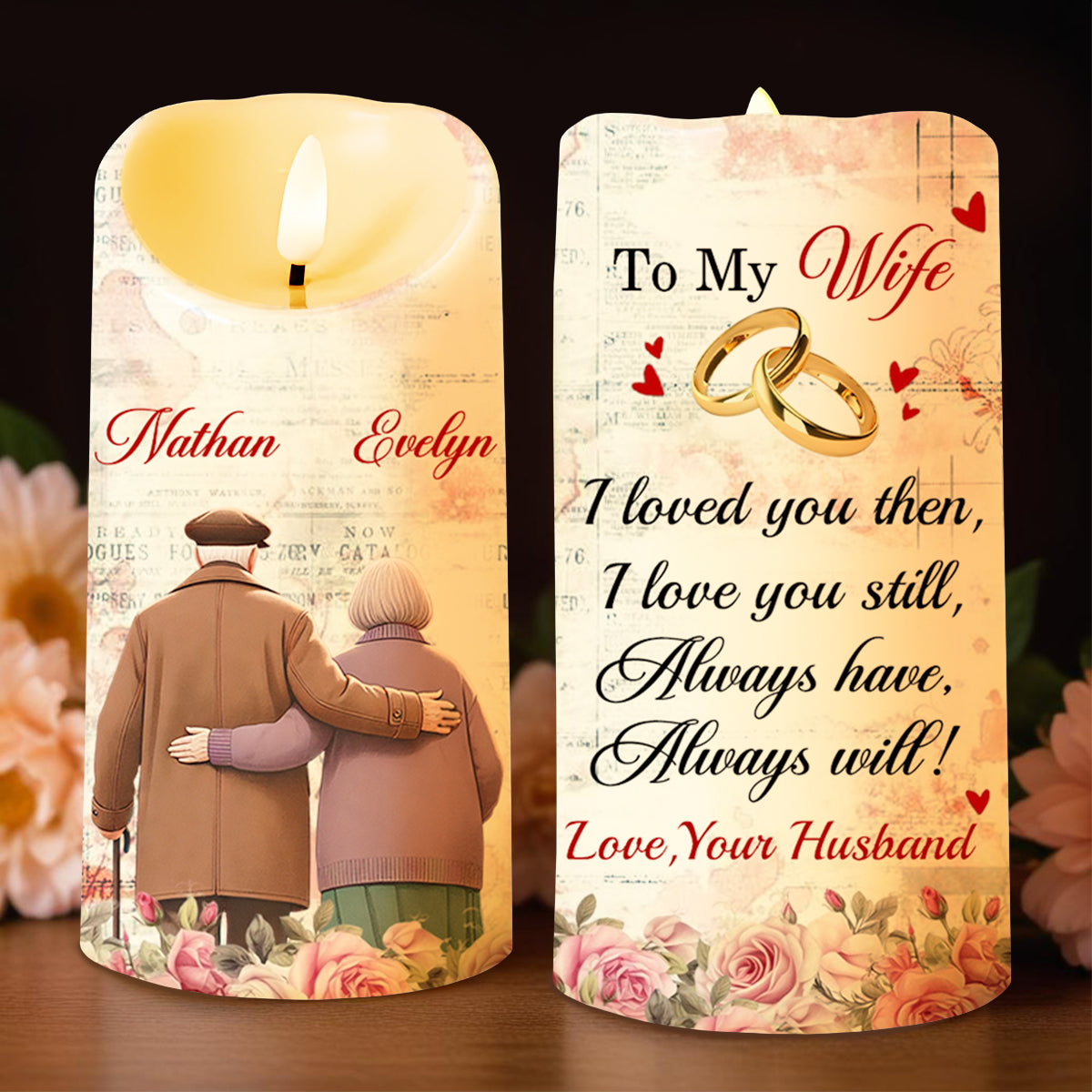 I Loved You Then, I Love You Still Romantic Candle With Rings And Roses - Personalized Custom LED Candle - CPL178_LECA
