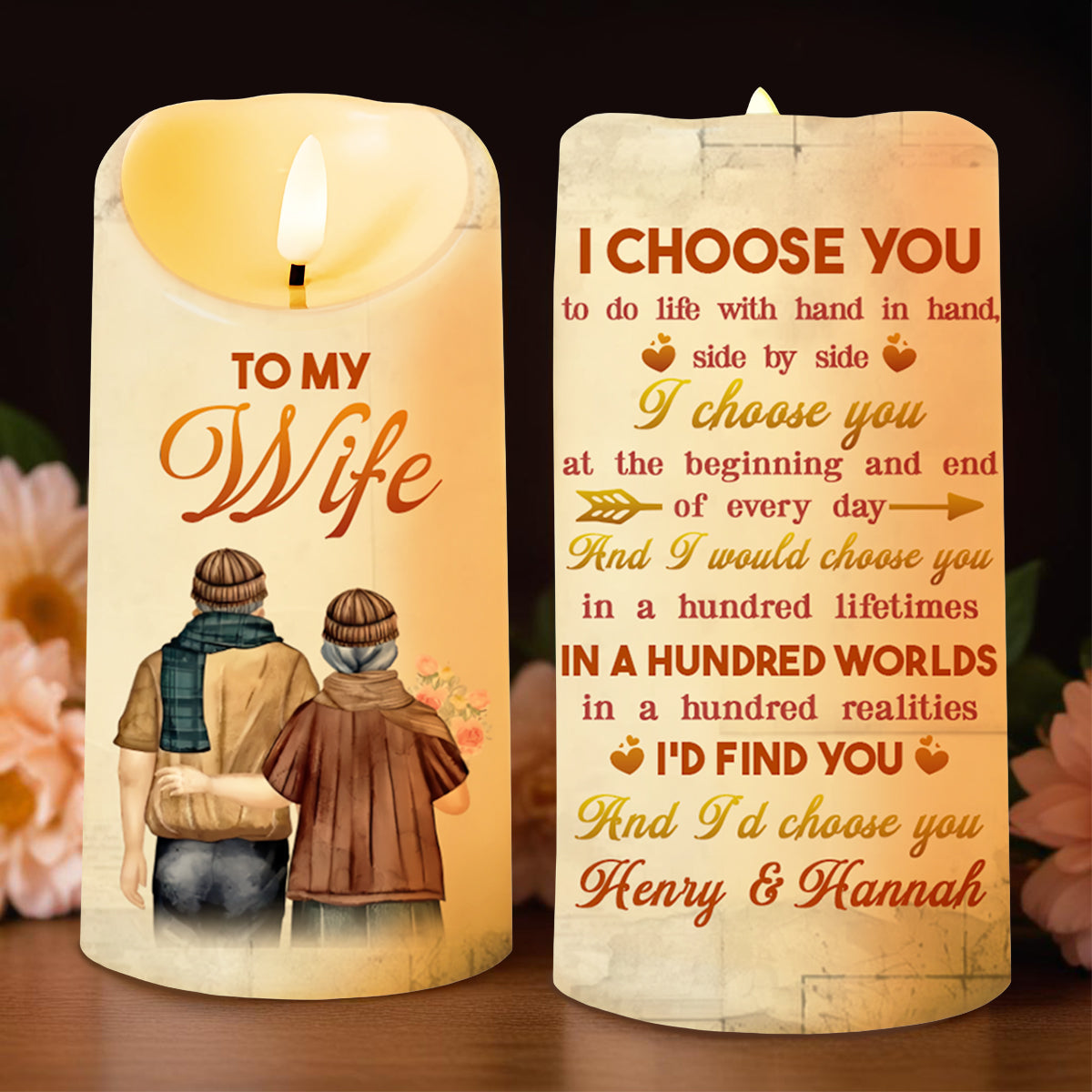 I Choose You Couple Embrace With Flowers Design - Personalized Custom LED Candle - CPL198_LECA