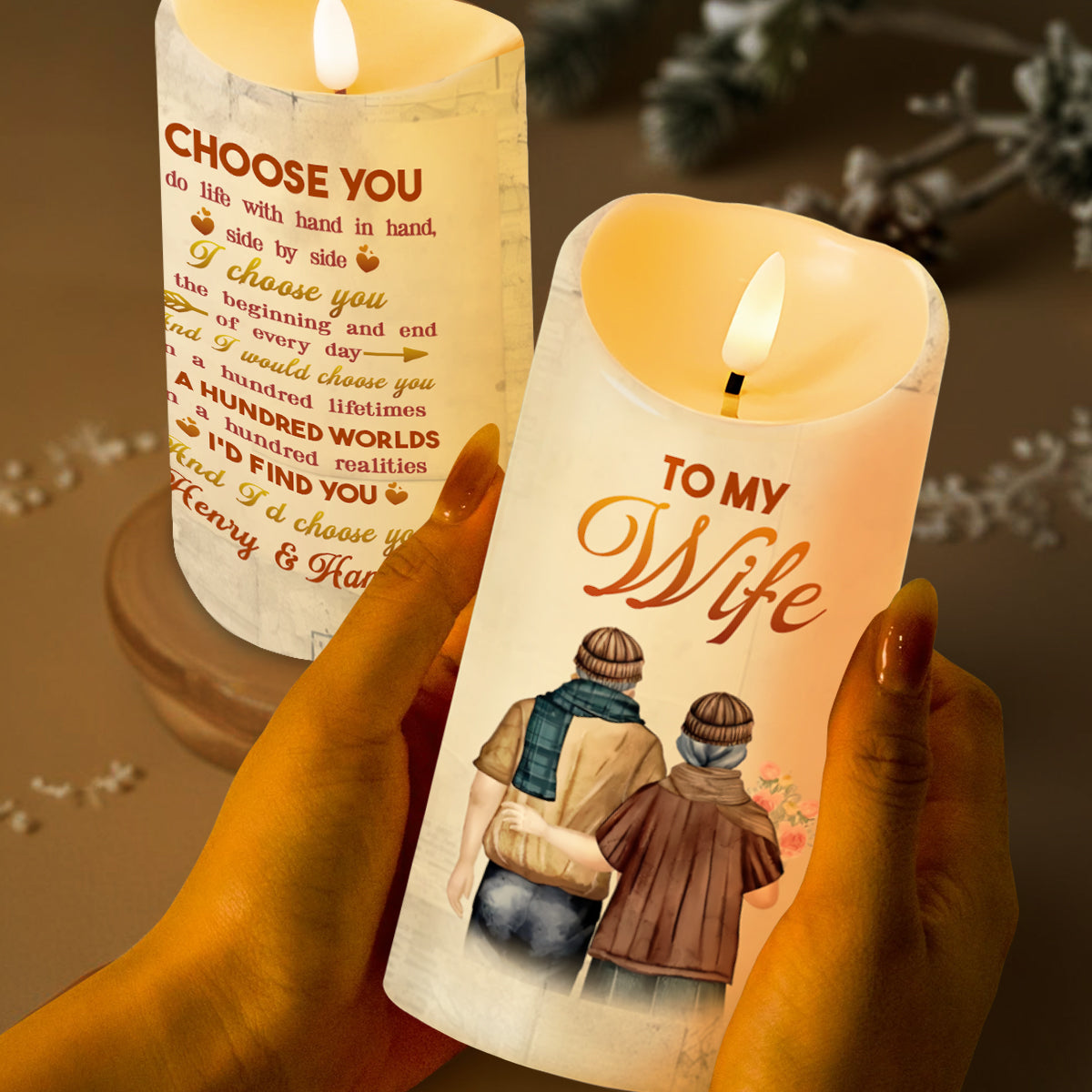 I Choose You Couple Embrace With Flowers Design - Personalized Custom LED Candle - CPL198_LECA