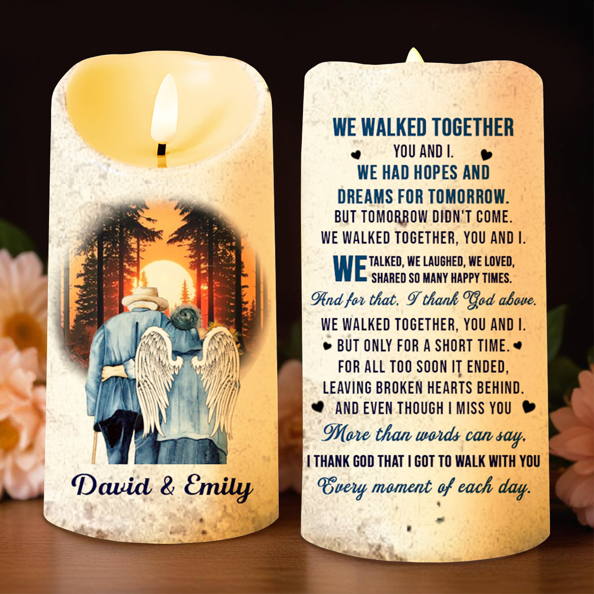 Couples Walking With Angel Wings Beneath Sunset - Personalized Custom LED Candle - CPL200_LECA