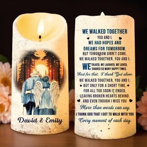 Couples Walking With Angel Wings Beneath Sunset - Personalized Custom LED Candle - CPL200_LECA