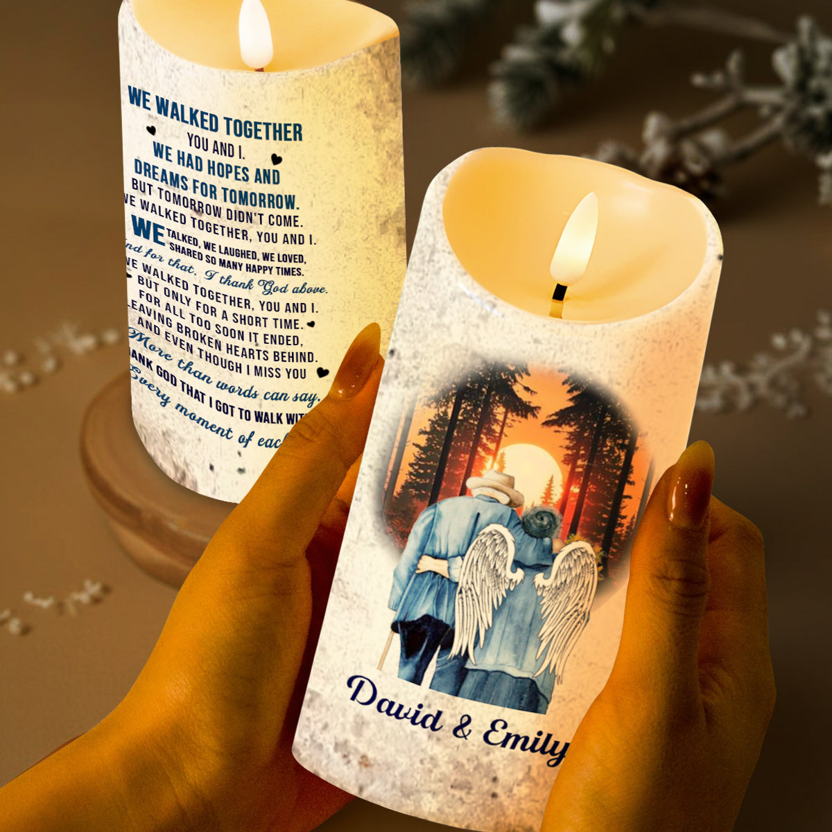 Couples Walking With Angel Wings Beneath Sunset - Personalized Custom LED Candle - CPL200_LECA