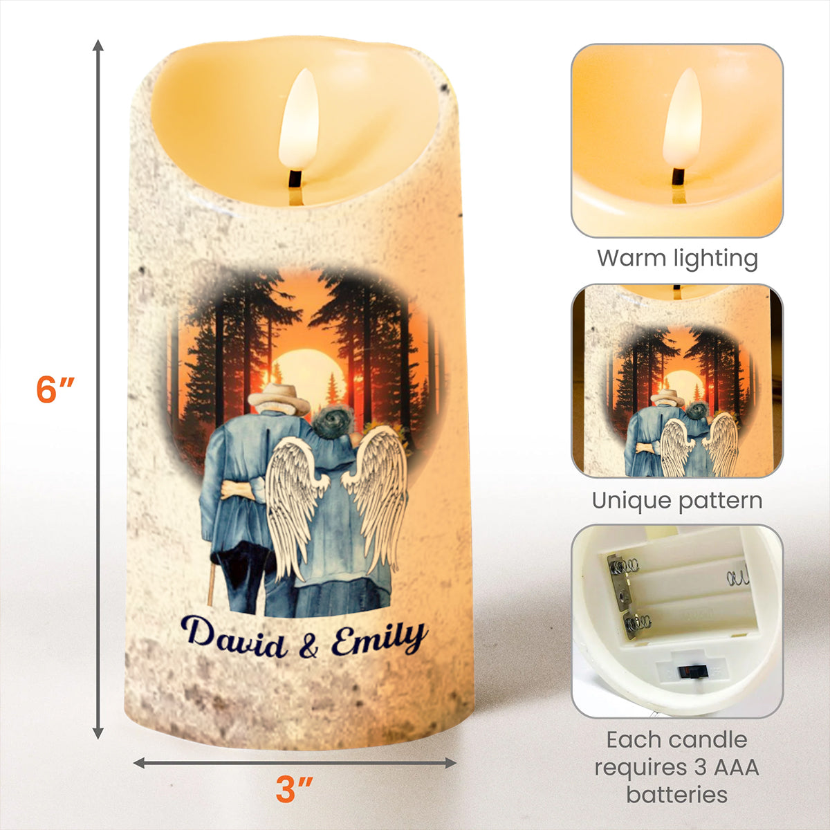 Couples Walking With Angel Wings Beneath Sunset - Personalized Custom LED Candle - CPL200_LECA