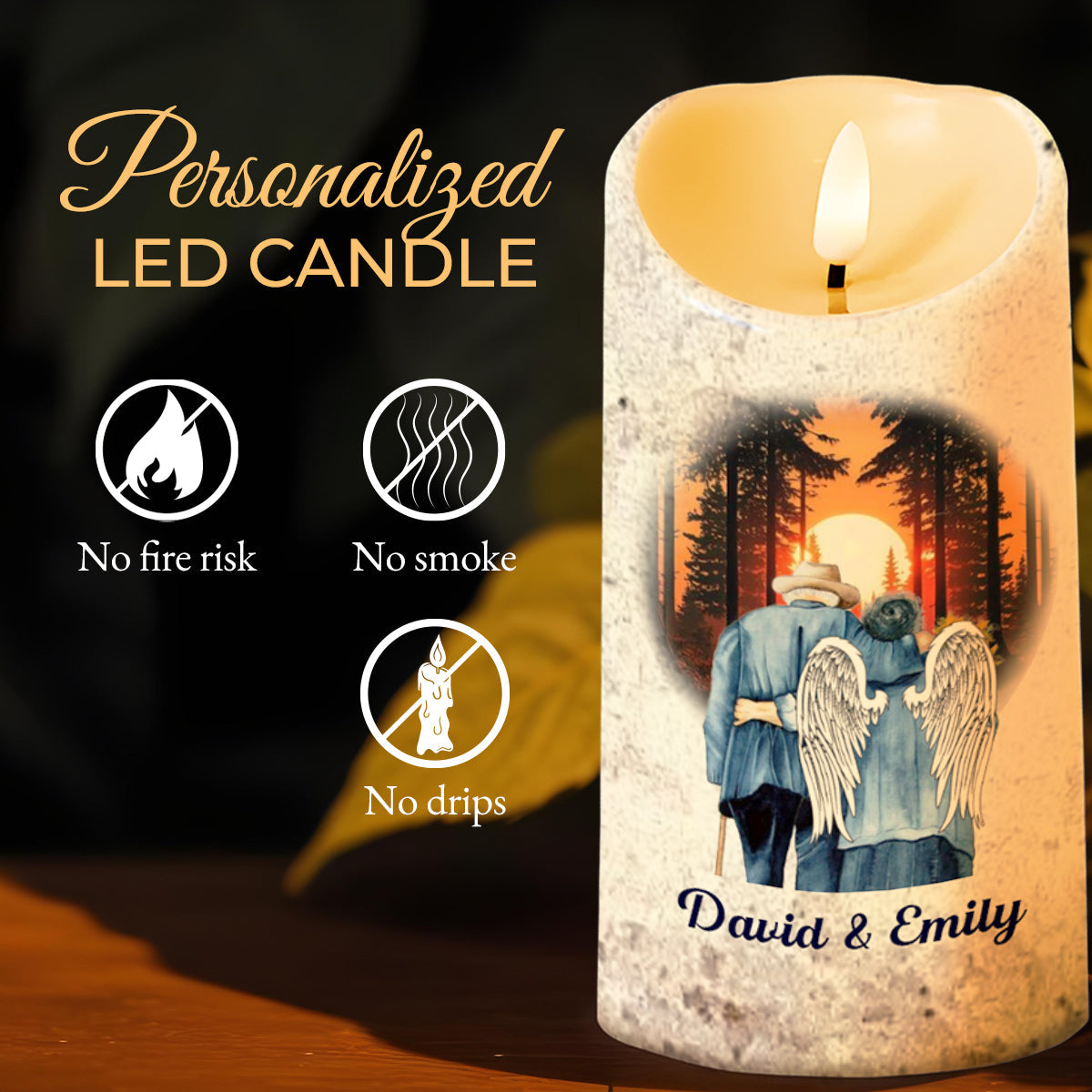 Couples Walking With Angel Wings Beneath Sunset - Personalized Custom LED Candle - CPL200_LECA