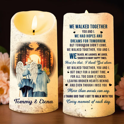 Couples Walking With Angel Wings Beneath Sunset - Personalized Custom LED Candle - CPL200_LECA
