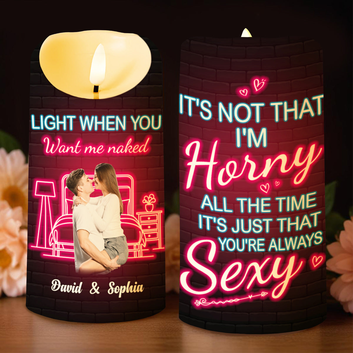 Neon Glow Love Quotation With Heart Shapes - Personalized Custom LED Candle - CPL202_LECA
