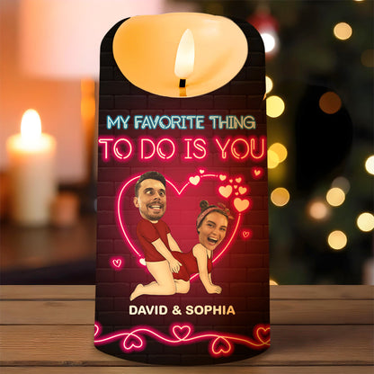 My Favorite Thing To Do Is You With Neon Hearts and Couple Portrait - Personalized Custom LED Candle - CPL258_LECA