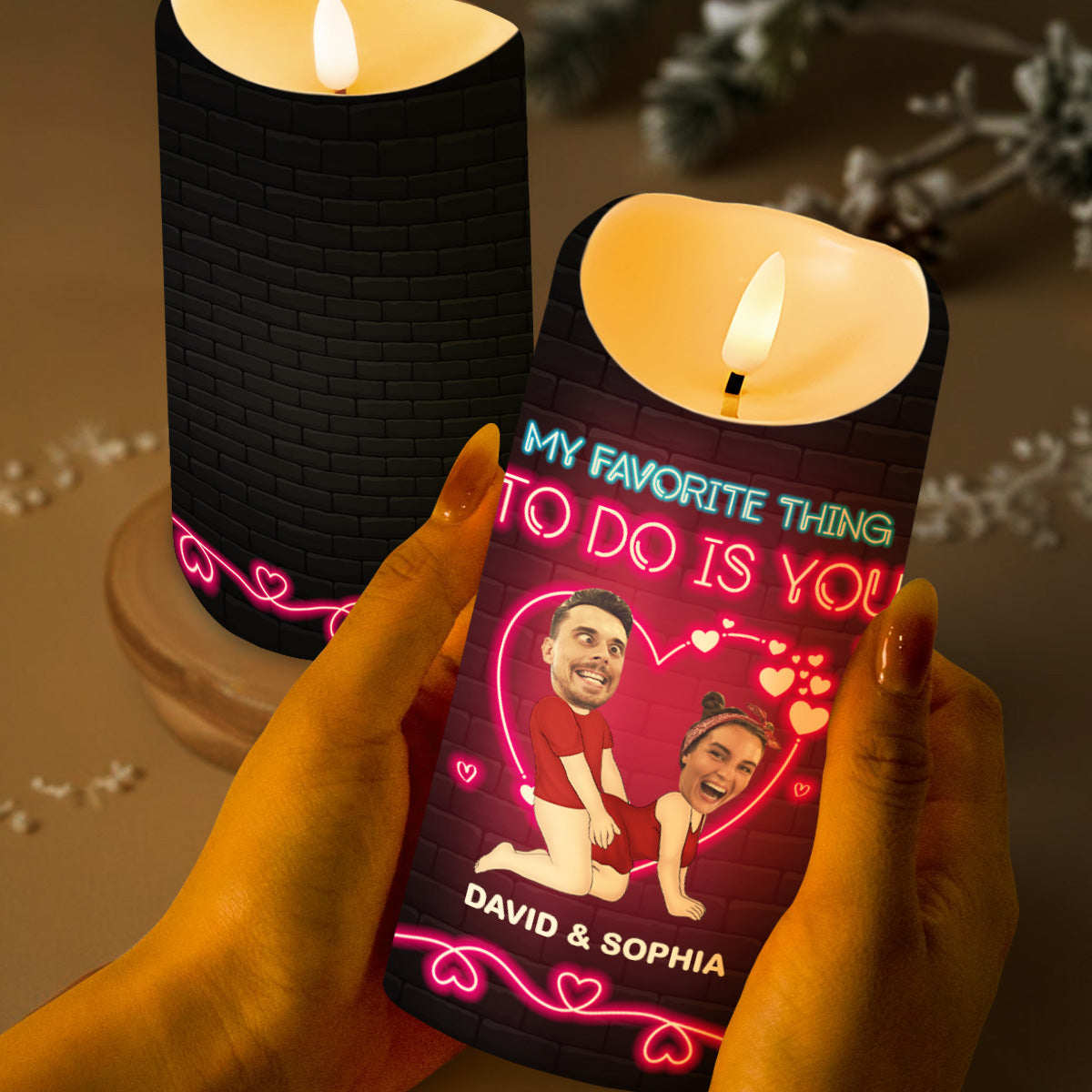 My Favorite Thing To Do Is You With Neon Hearts and Couple Portrait - Personalized Custom LED Candle - CPL258_LECA